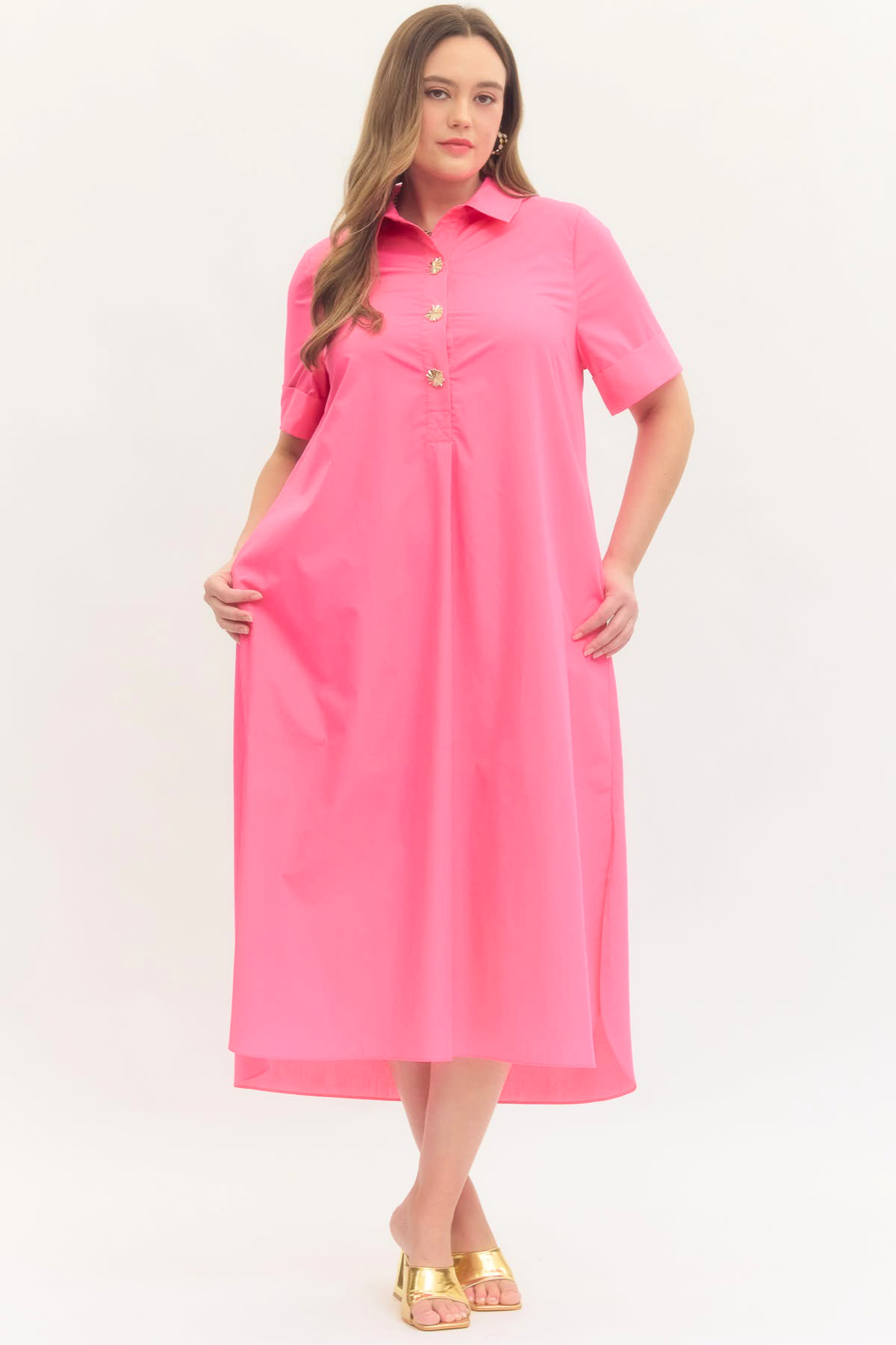 Plus Hot Pink Gold Button Midi Dress