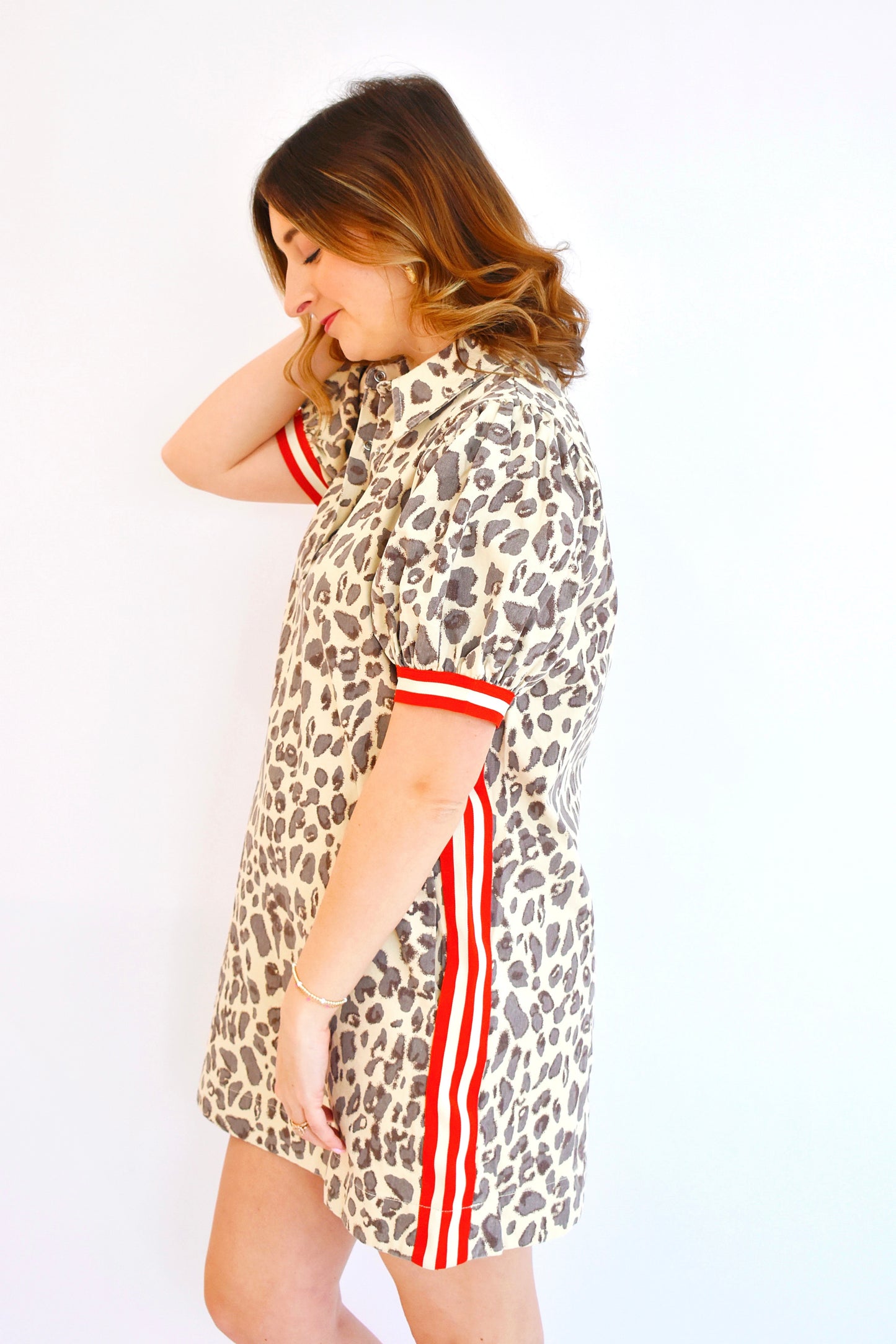 Animal Spot Denim Feel Red Stripe Trim Collared Dress