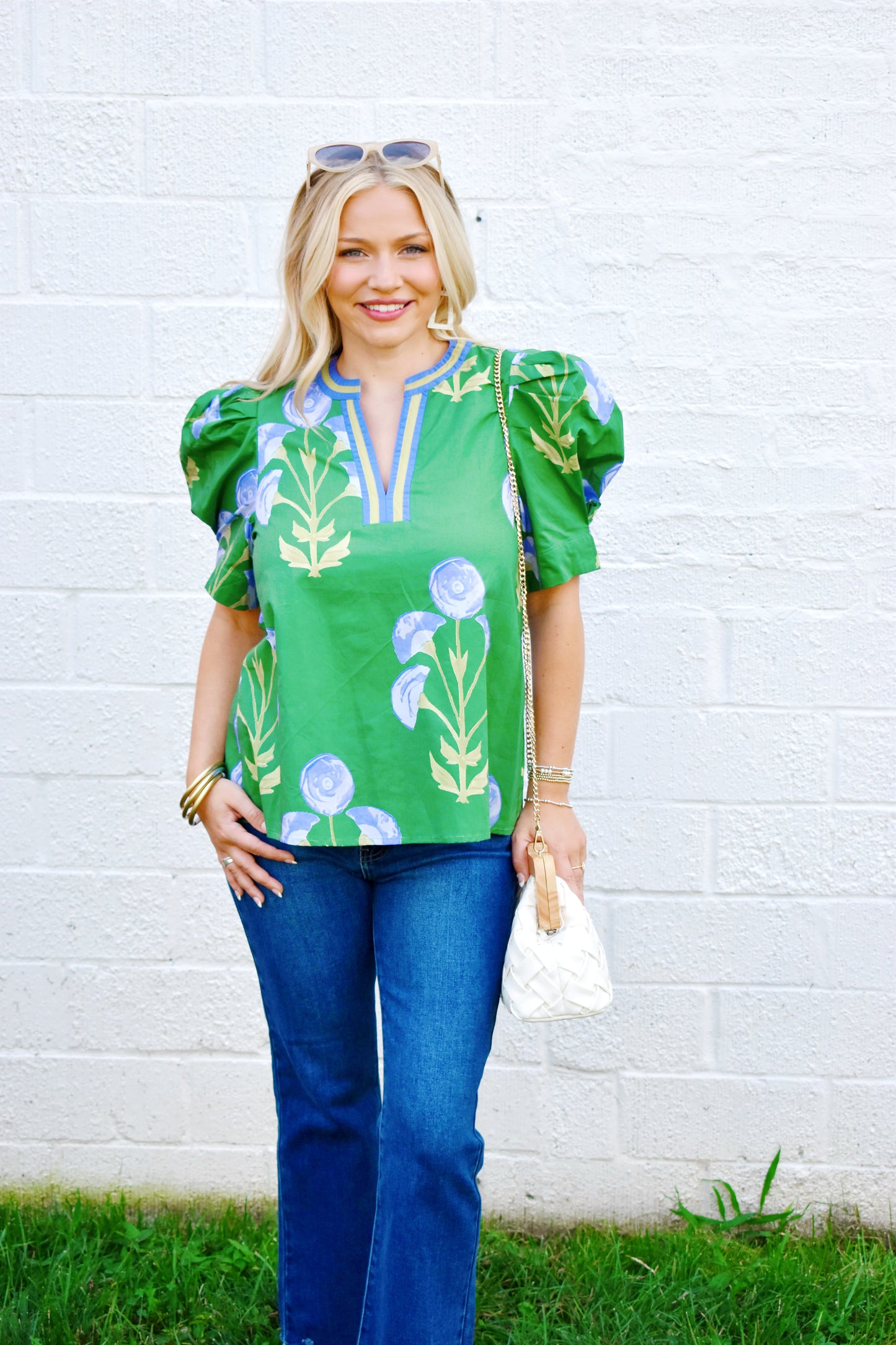 Green Floral Contrast Trim Puff Sleeve Blouse