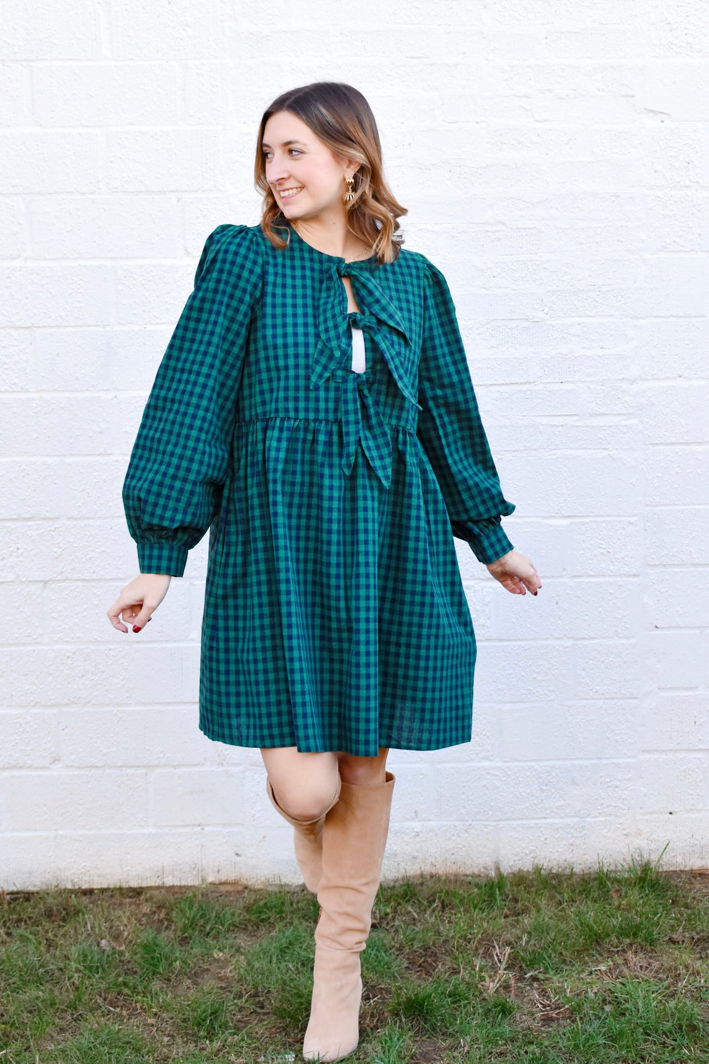 Green & Navy Checkered Tie Front Dress