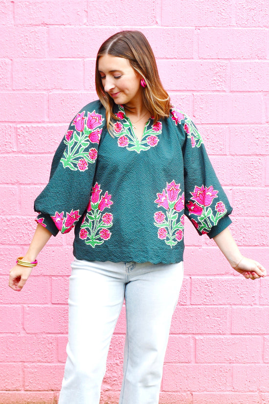 Forest & Pink Floral Scallop Hem Blouse