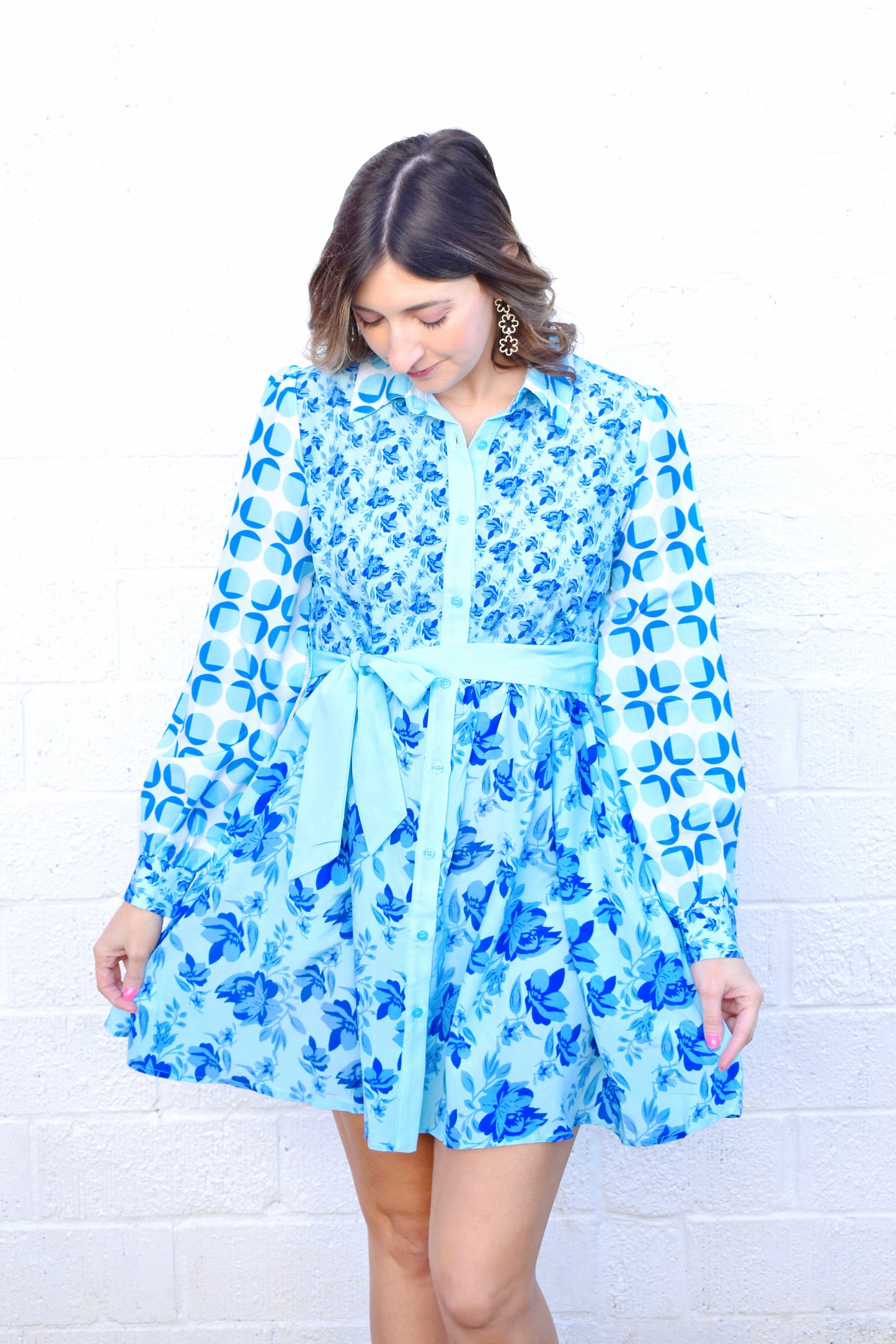 Blue Floral Mixed Print Tie Waist Dress