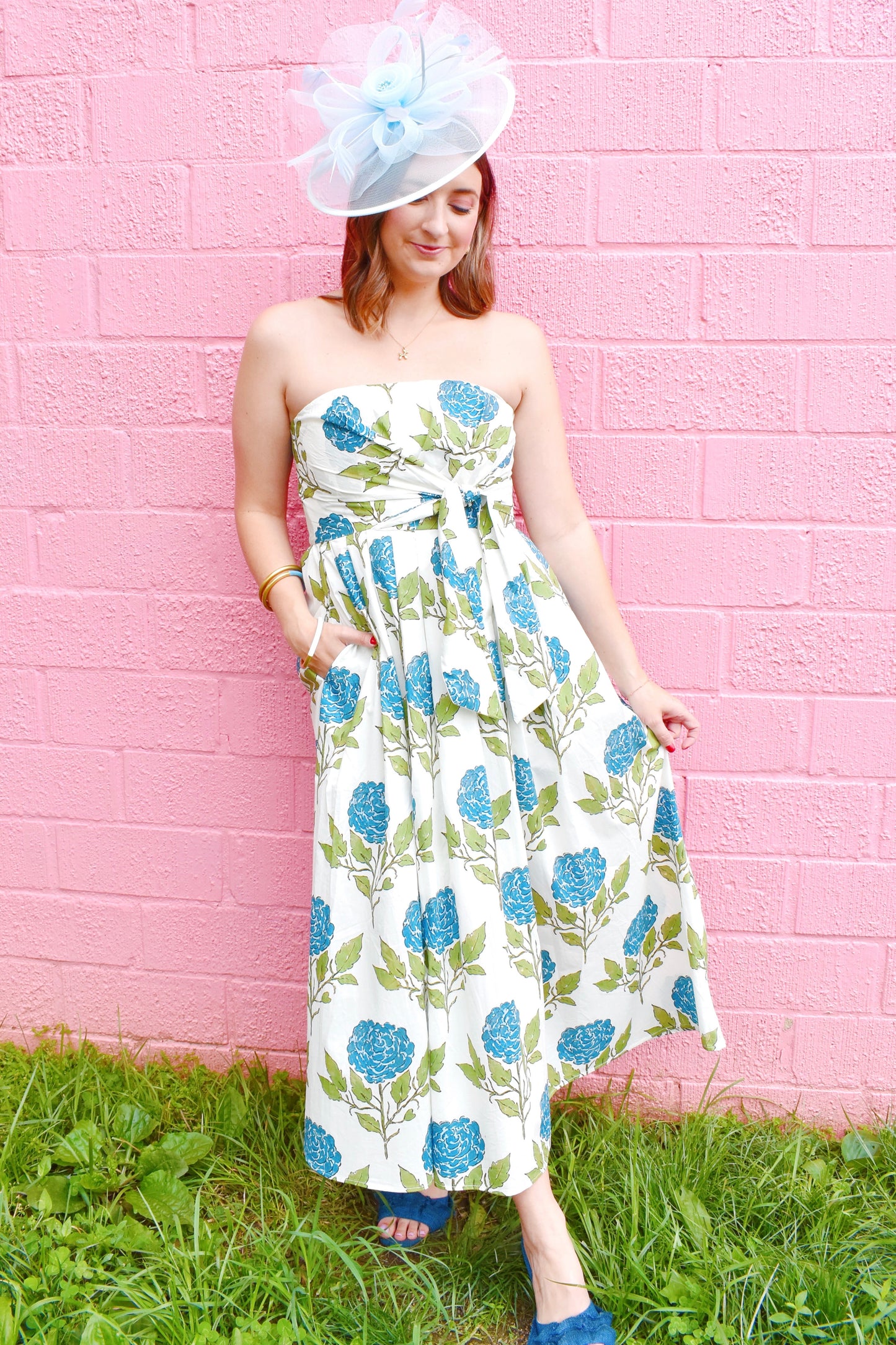 Blue Hydrangea Strapless Waist Sash Midi Dress