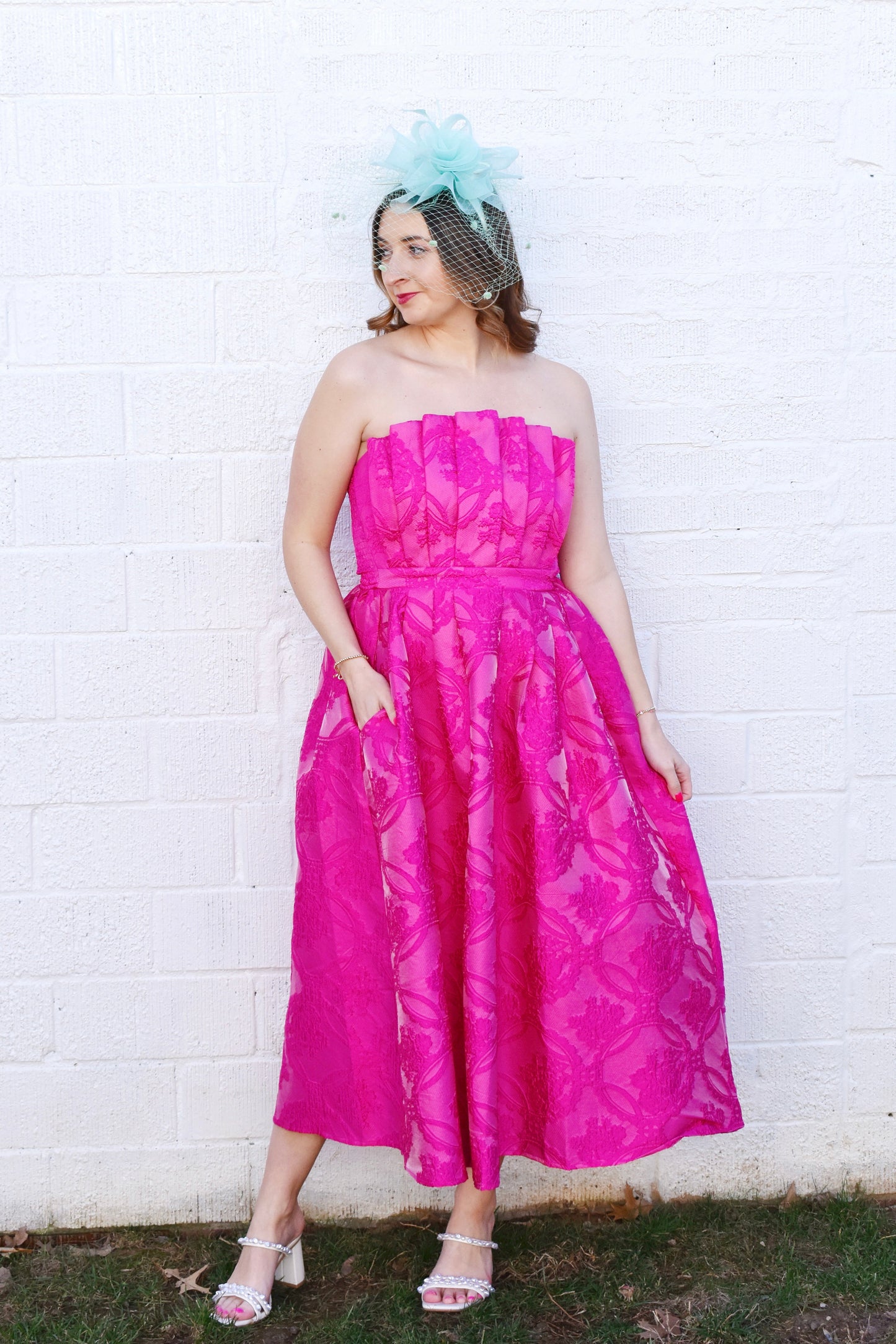 Pink Jacquard Pleated Bust Midi Dress Confetti Boutique Pink Jacquard Pleated Bust Midi Dress Confetti Boutique
