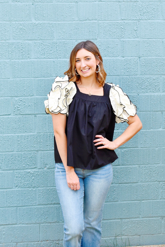 Little Bit Dramatic Black Ruffle Sleeve Blouse