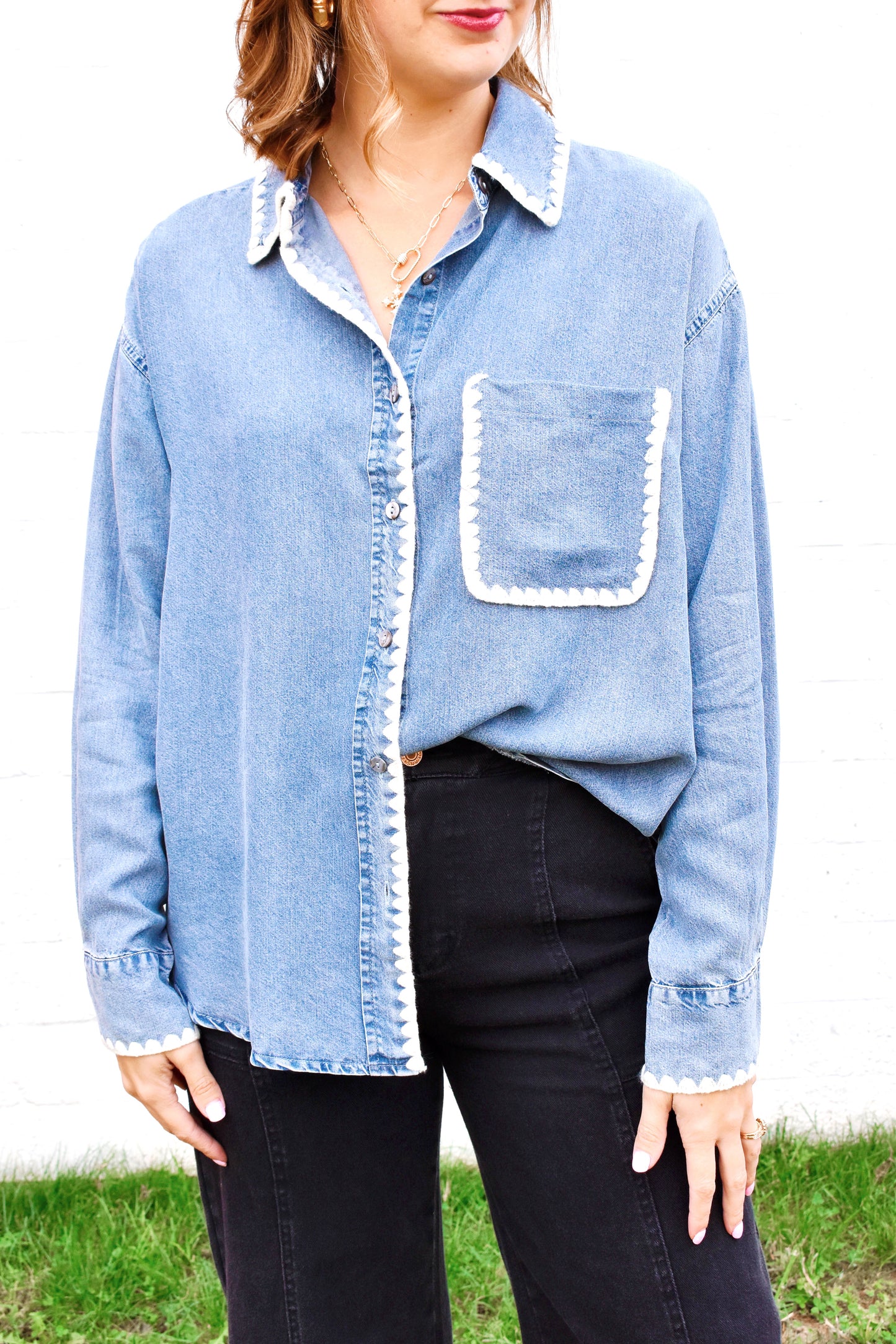 Denim Stitched Trim Button Down