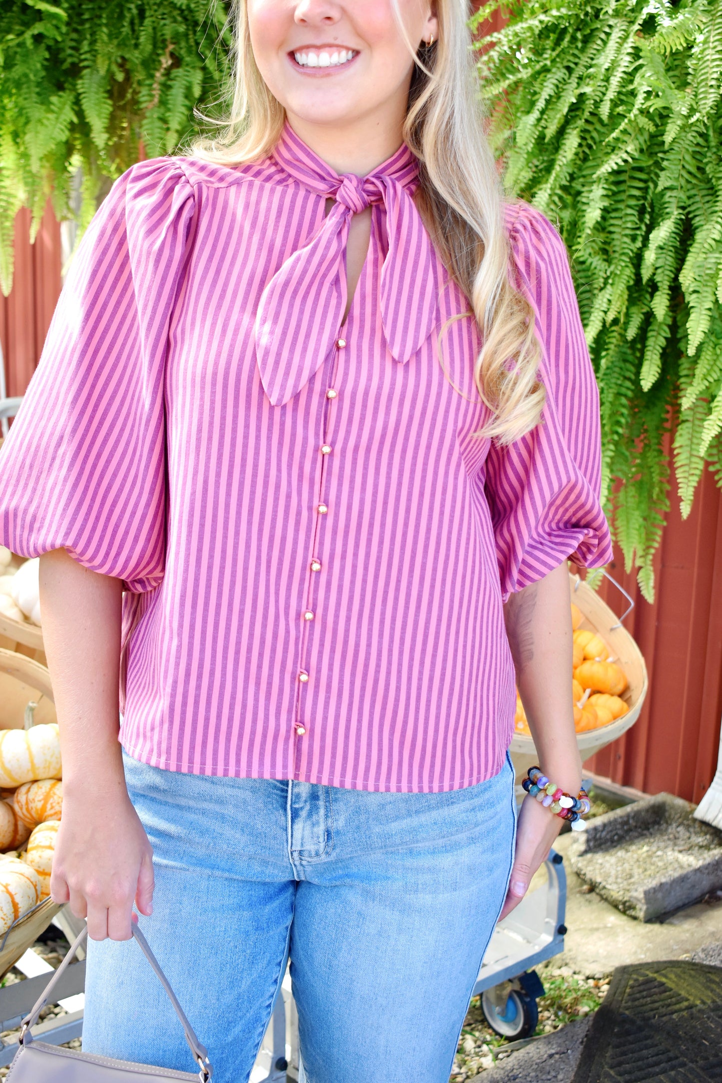 Wine Striped Tie Neck Puff Sleeve Blouse