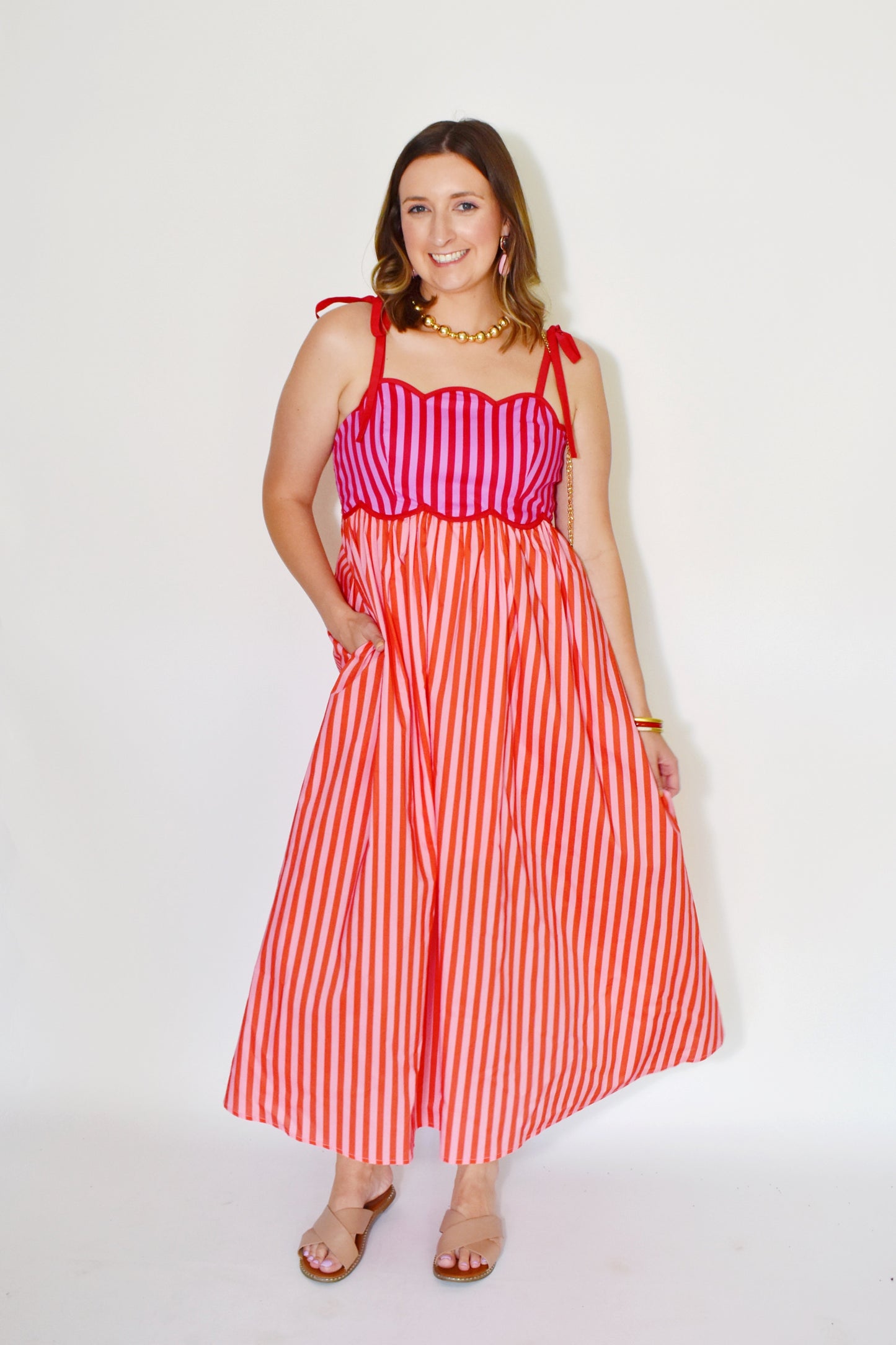 Red & Pink Striped Scallop Tie Strap Midi Dress