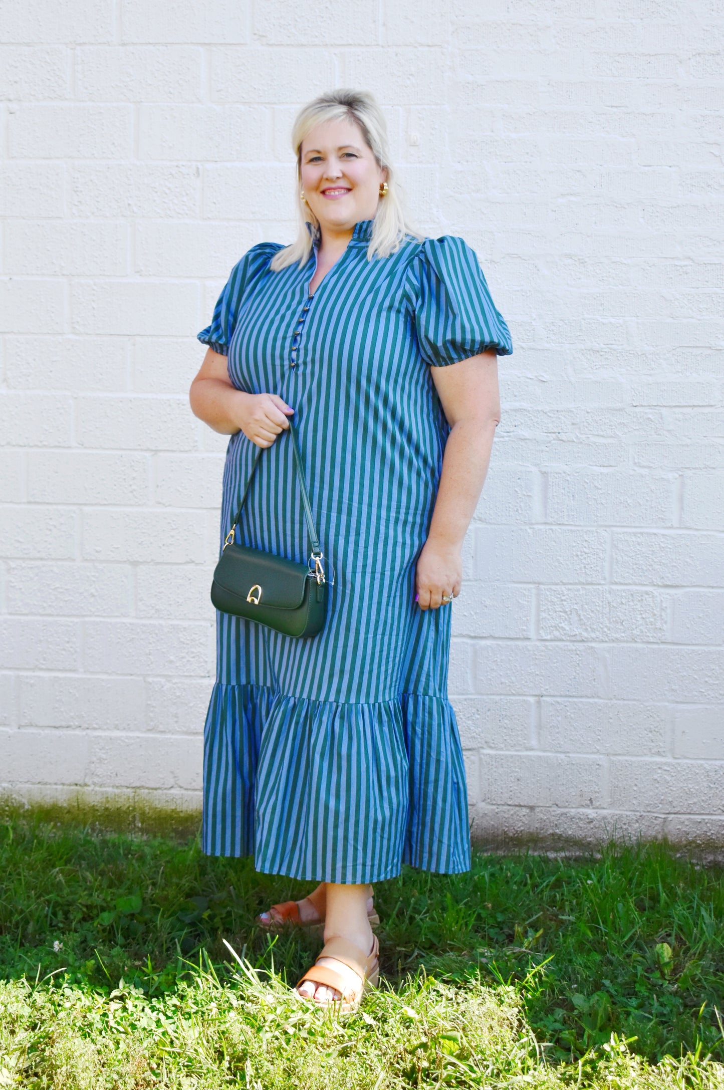 Plus Hunter & Light Blue Stripe Ruffle Hem Midi Dress