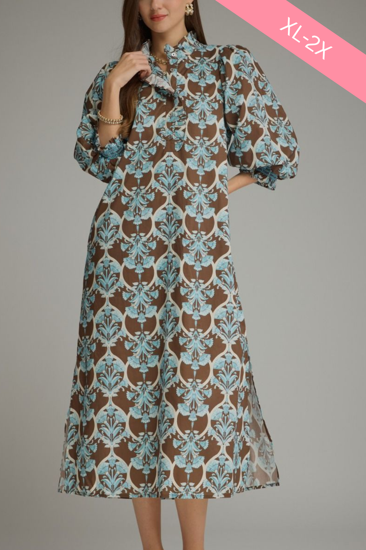 Plus Brown & Blue Printed Ruffle Collar Midi Dress