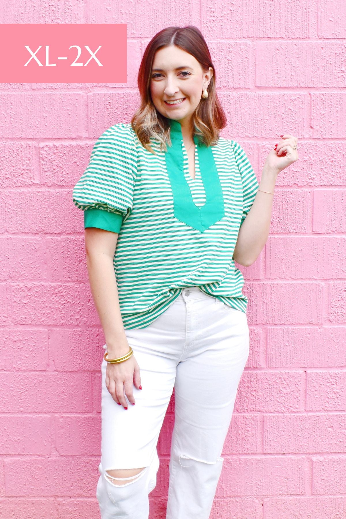 Plus Green Stripe Contrast Top