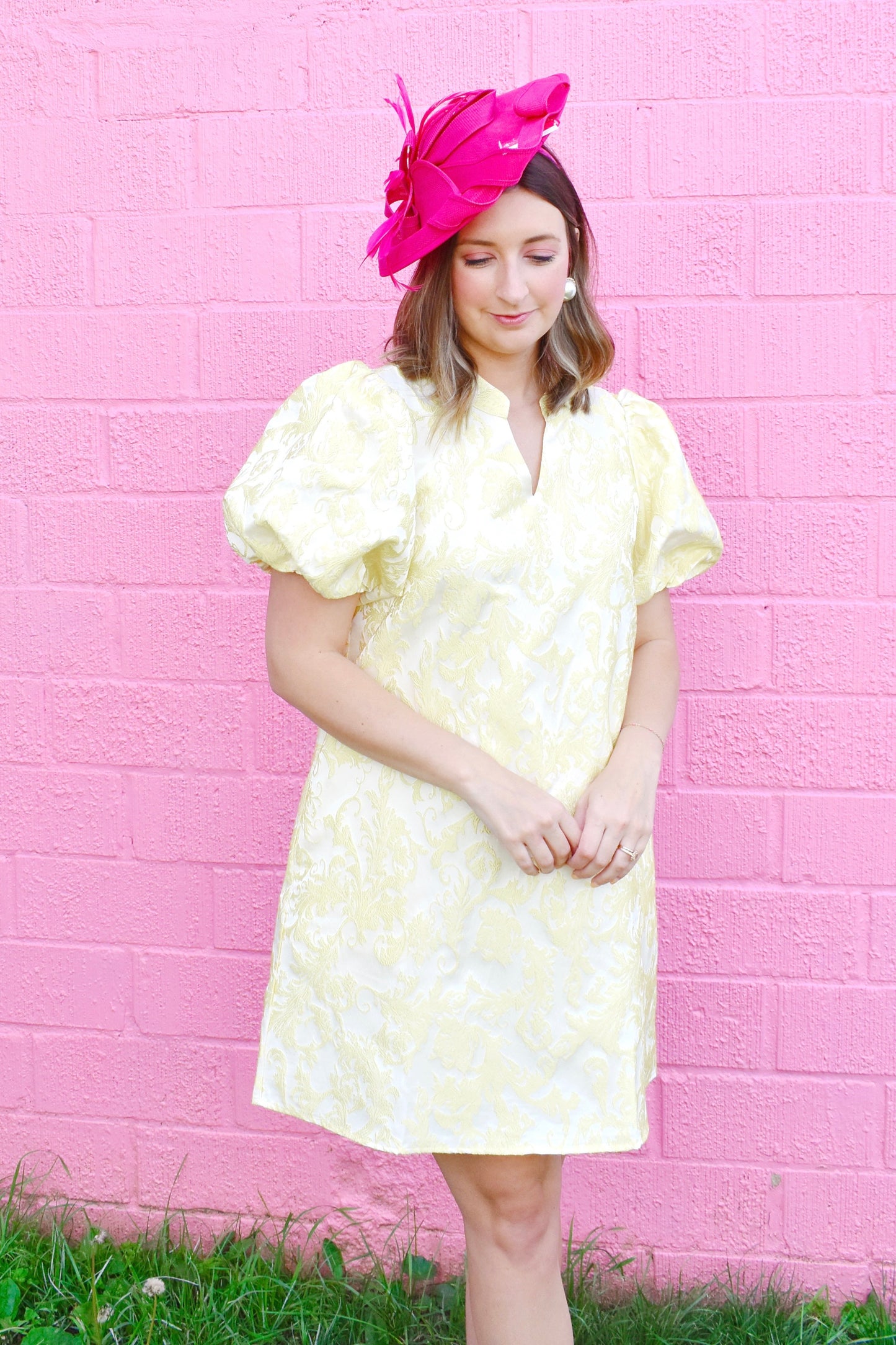 Yellow Jacquard Puff Sleeve Dress
