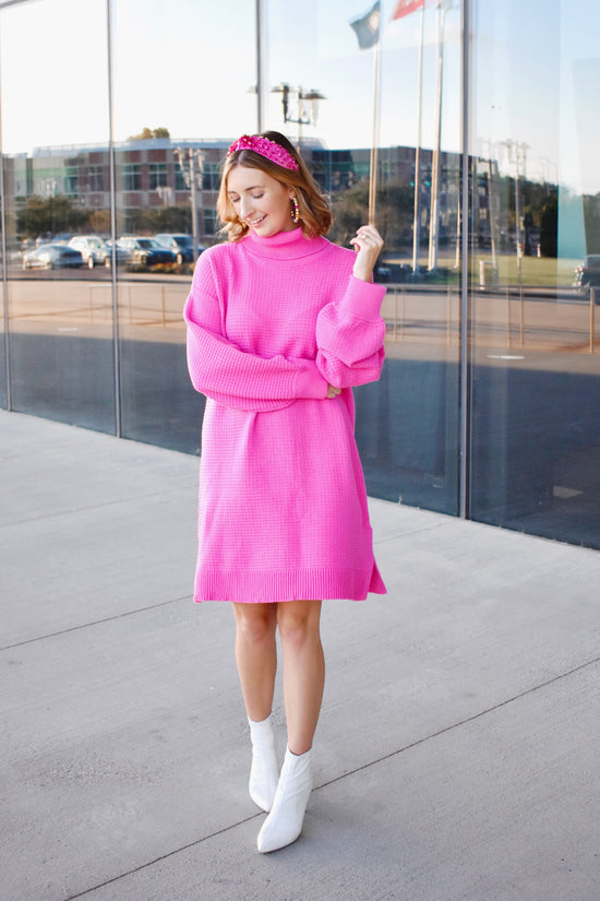 Load image into Gallery viewer, Pink Waffle Knit Turtleneck Sweater Dress
