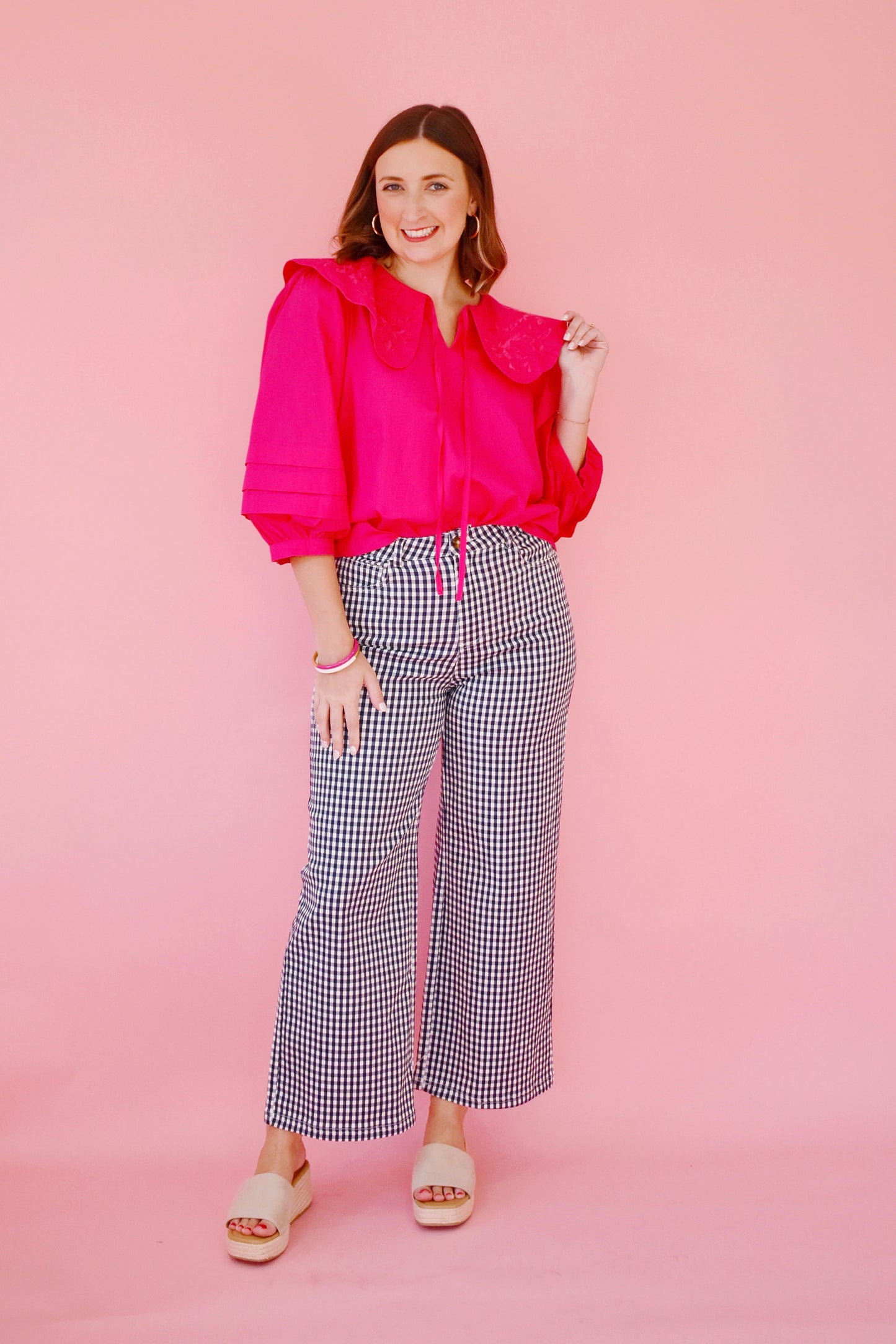 Fuchsia Embroider Collared Blouse