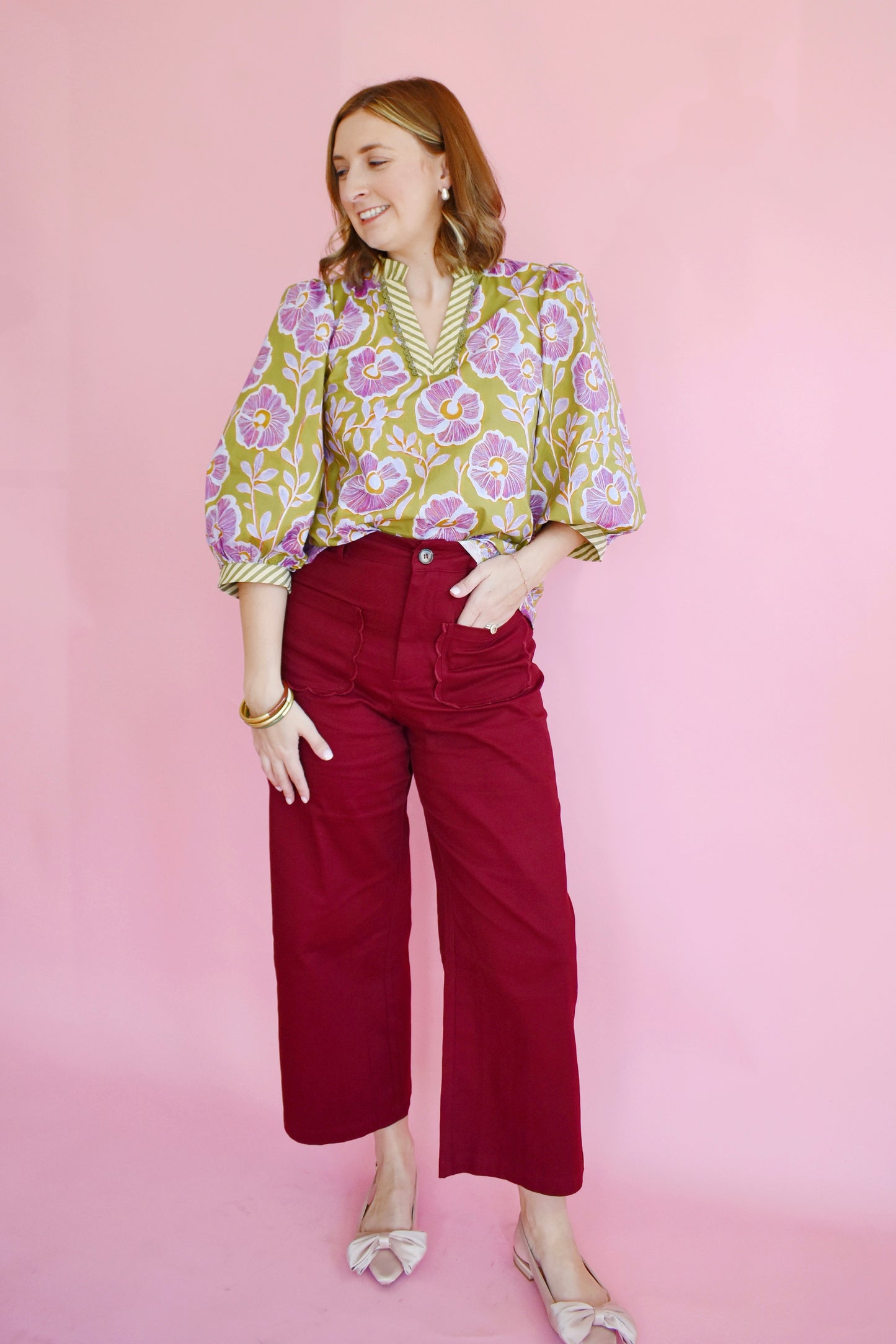 Burgundy Scallop Pocket Wide Leg Pants