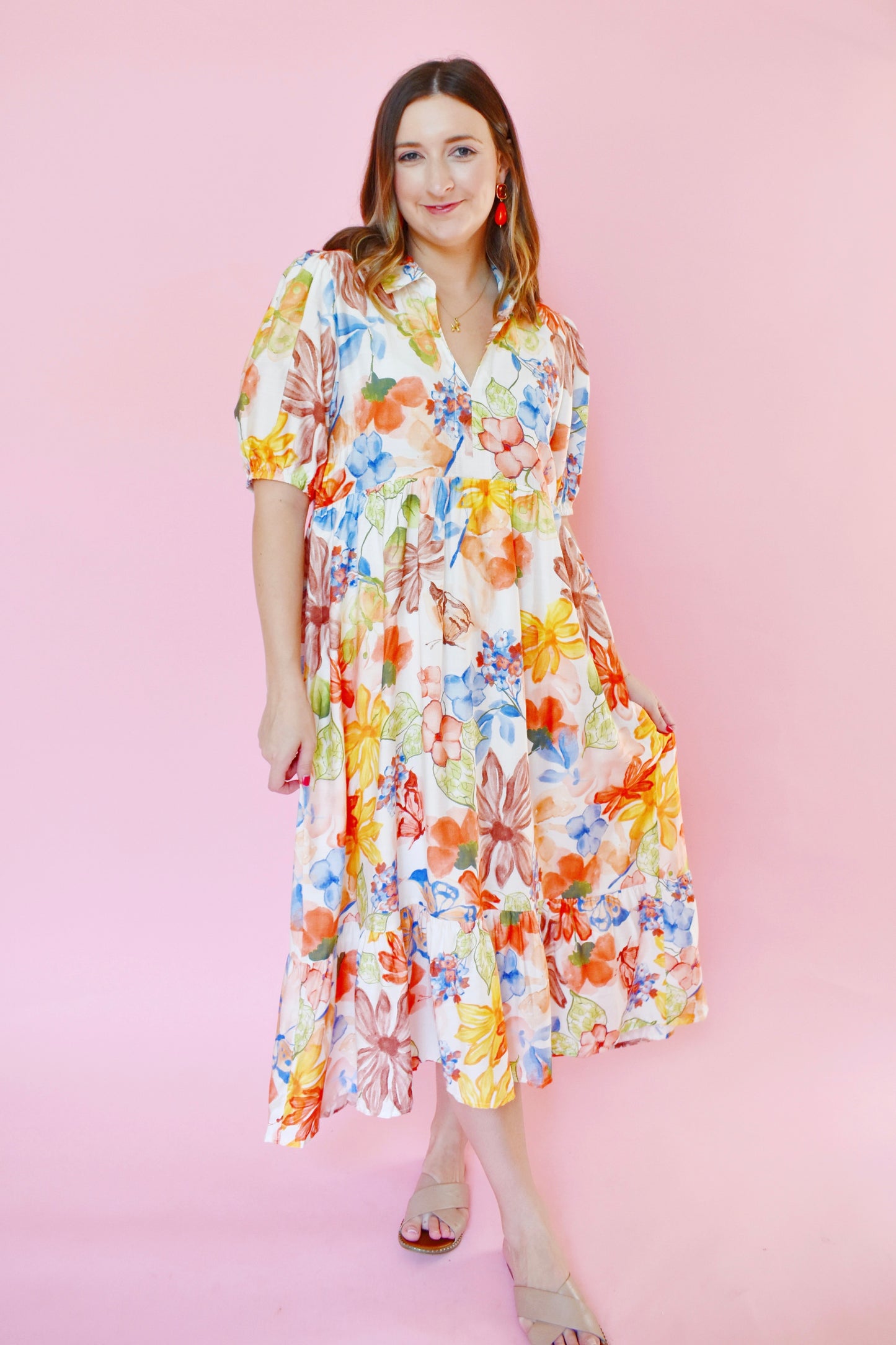Watercolor Multi Floral Collared Midi Dress