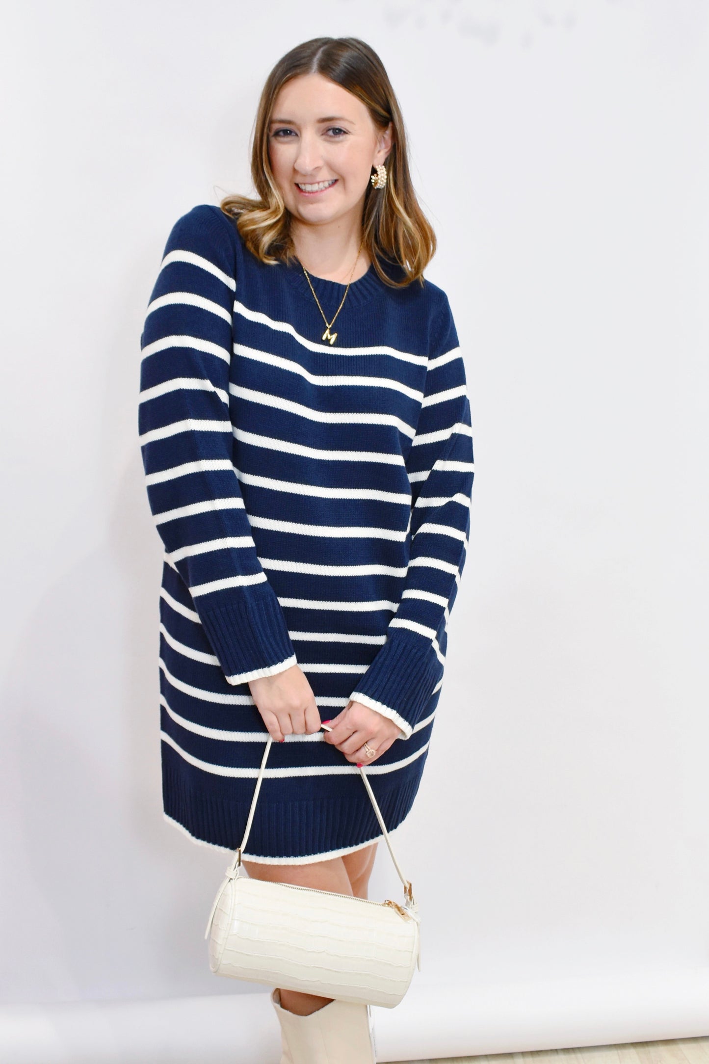 Navy Striped Sweater Mini Dress