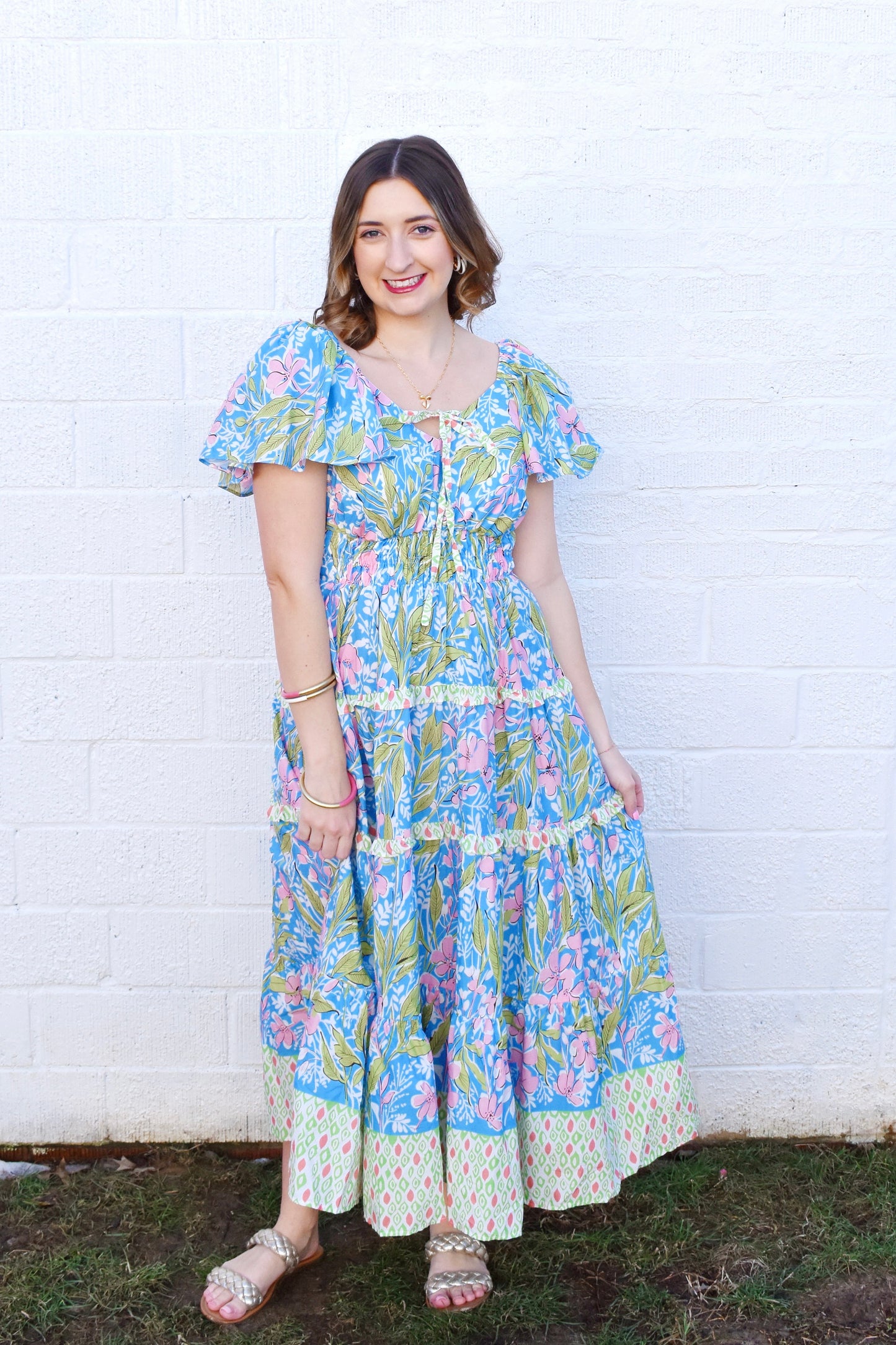 Blue Floral Mixed Print Sweetheart Maxi Dress