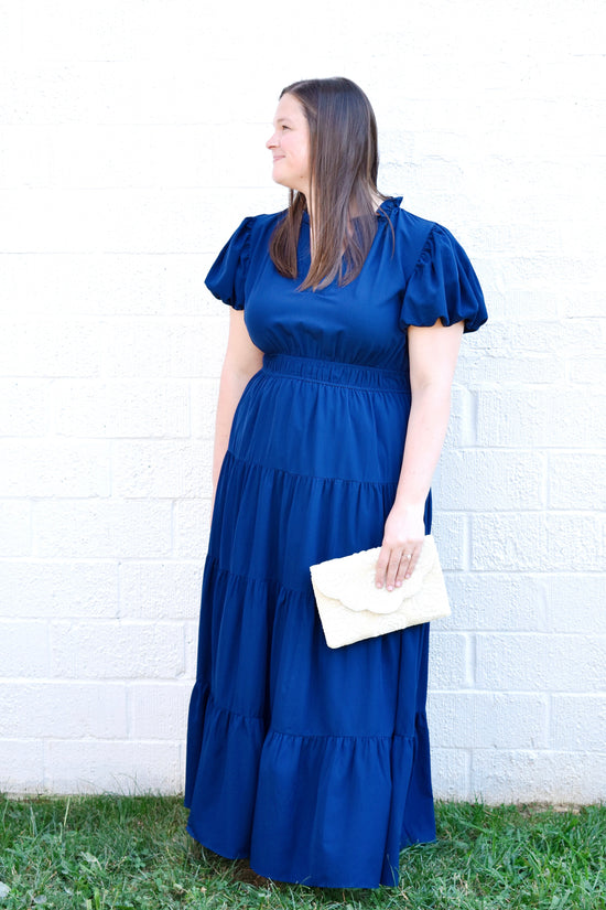 Plus Navy Puff Sleeve Midi Dress