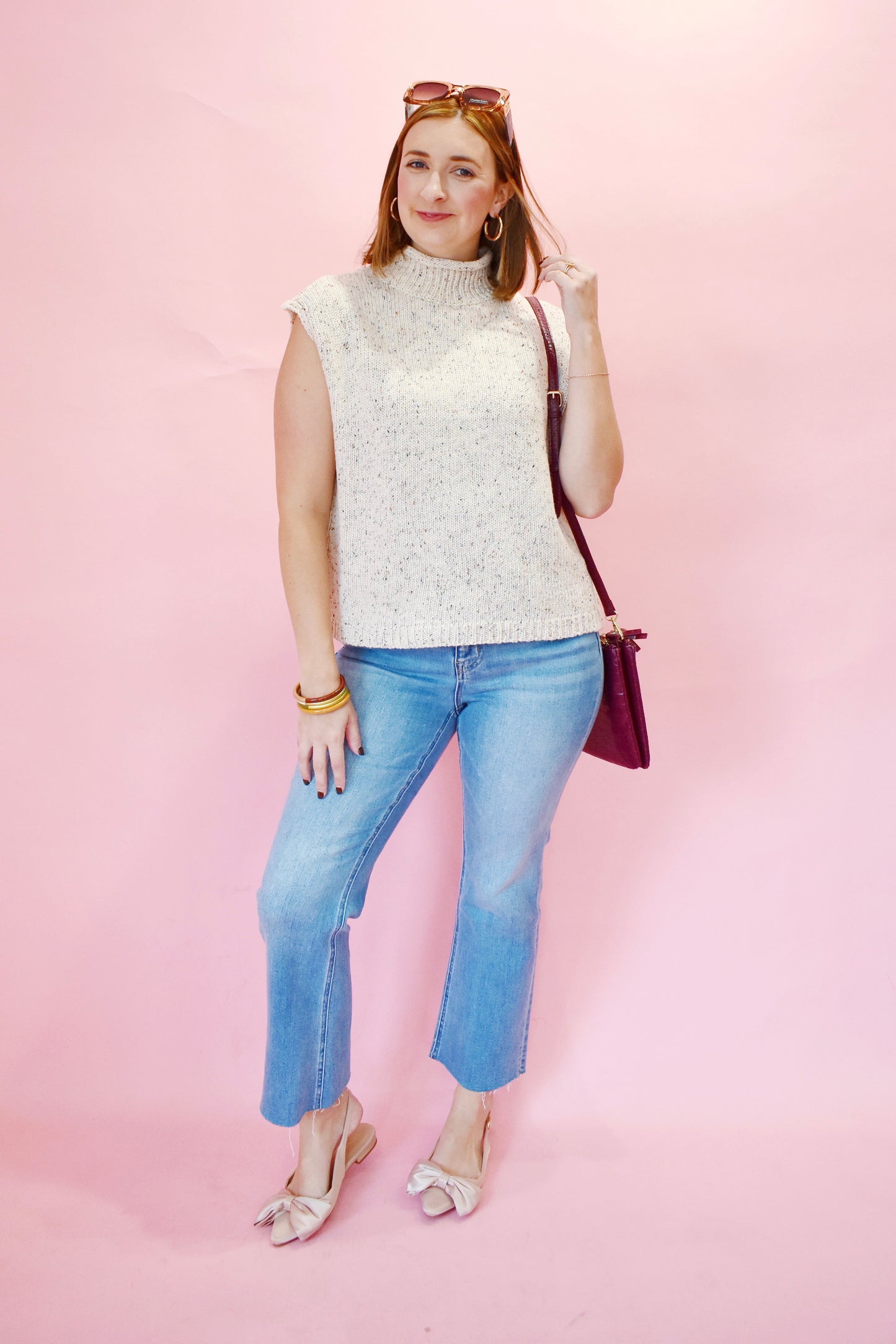 Oatmeal Mock Neck Speckled Short Sleeve Sweater
