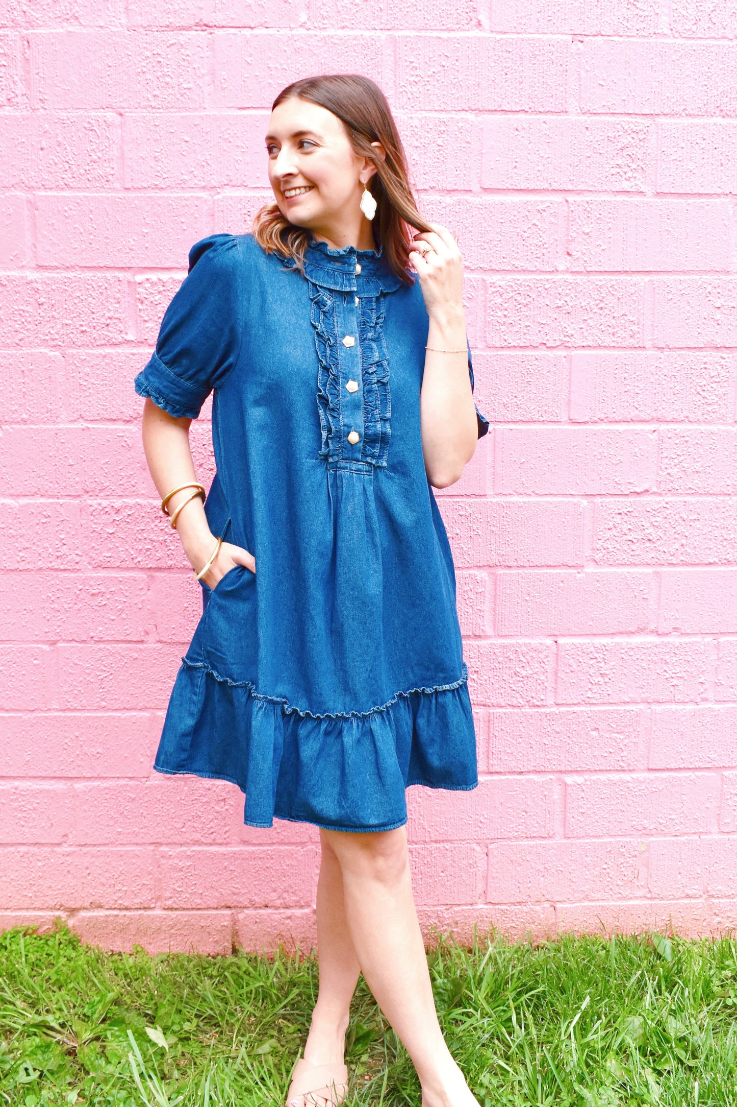 Denim Ruffle Collar Pearl Button Dress