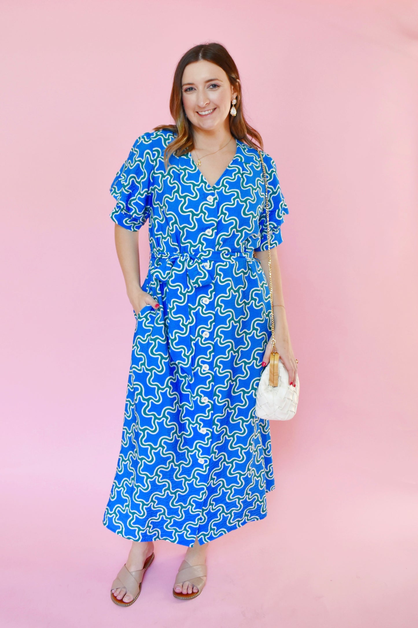 Blue & Green Geometric Printed Button Down Tie Waist Midi Dress