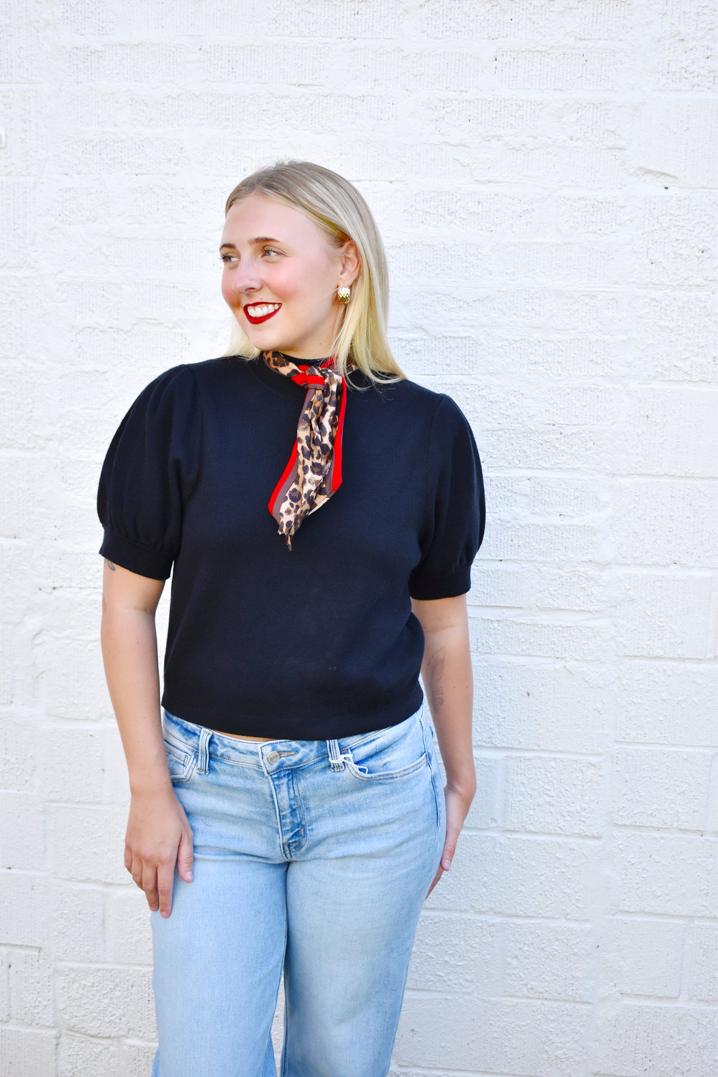 Black Leopard Neck Scarf Short Sleeve Sweater