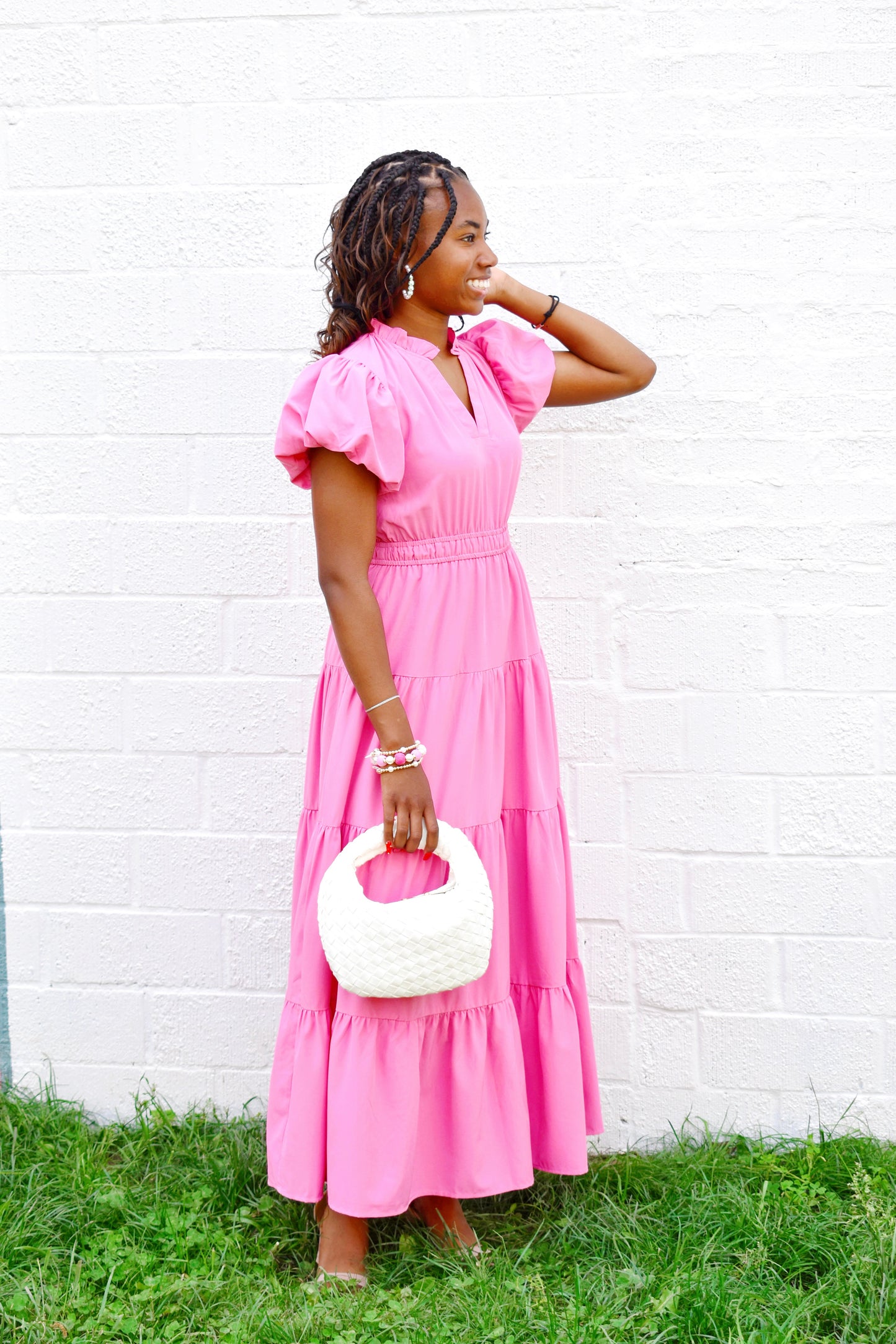 Bubblegum Pink Puff Sleeve Midi Dress – Confetti Boutique