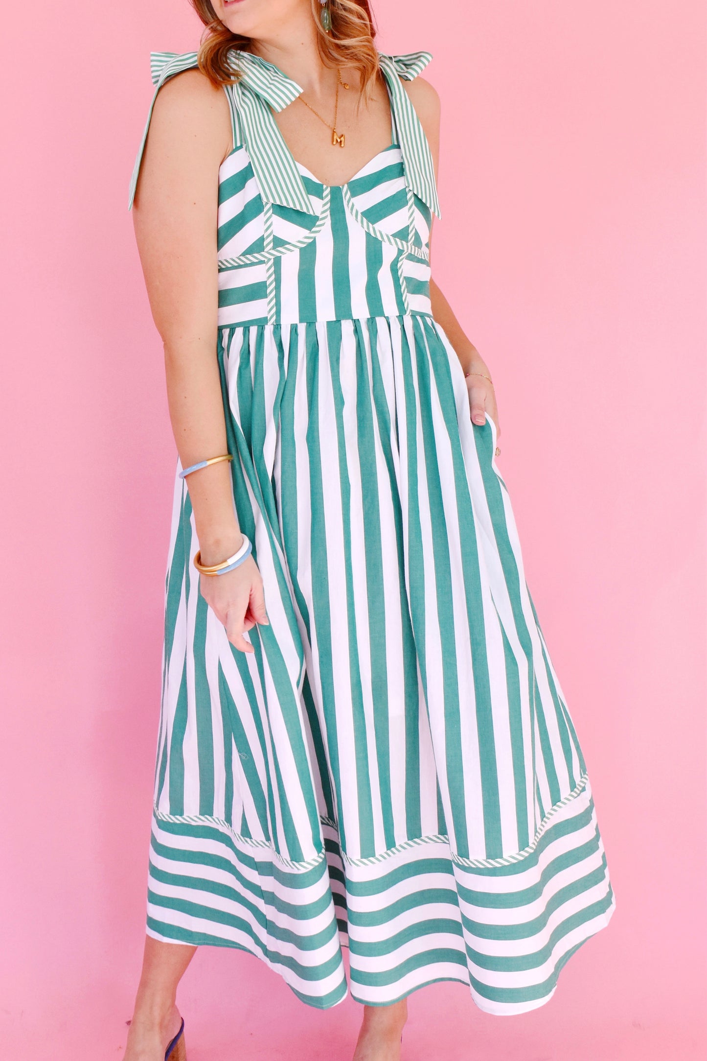 Green & White Striped Tie Strap Midi Dress