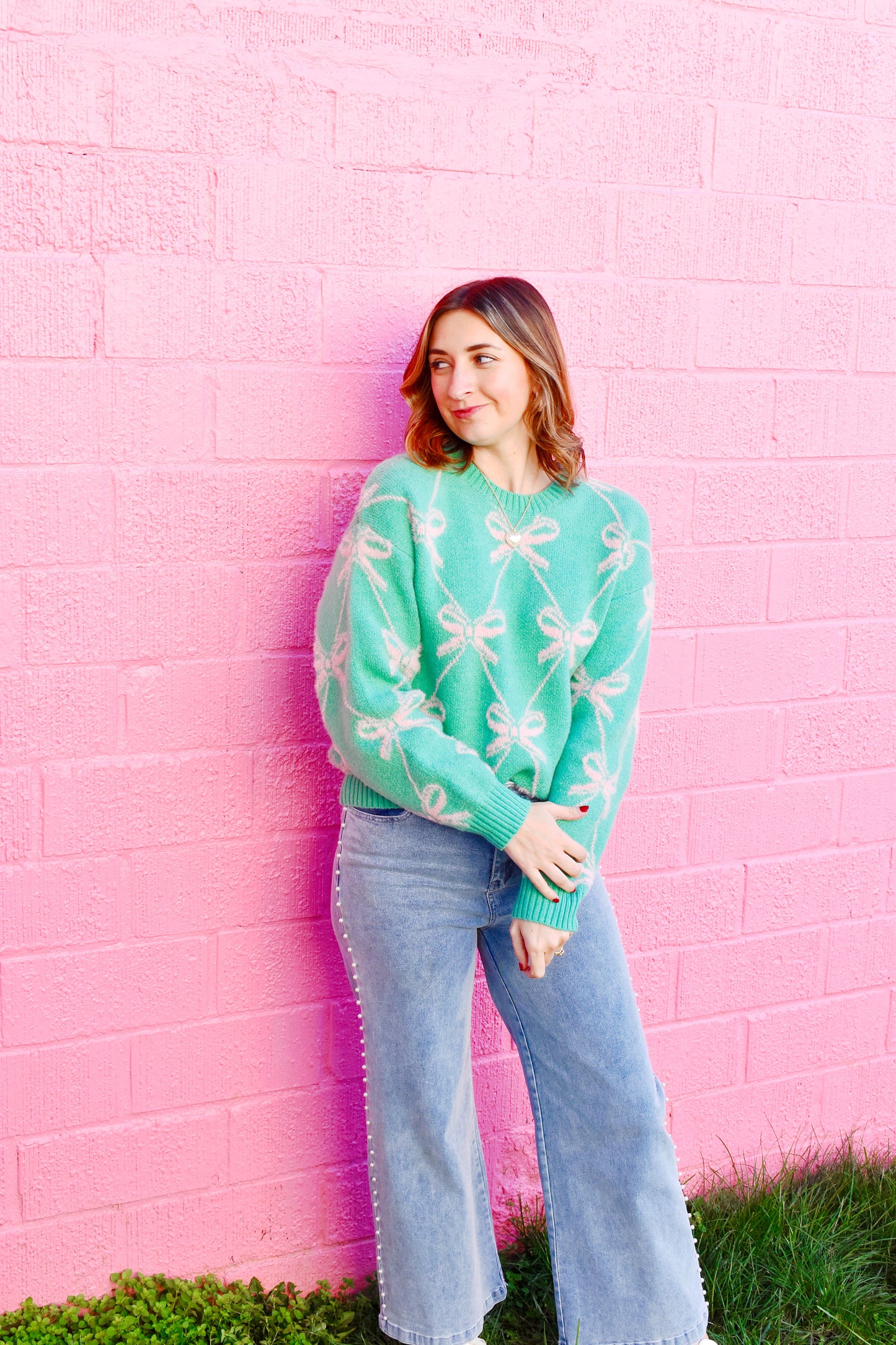 Green & Pink Preppy Bow Sweater