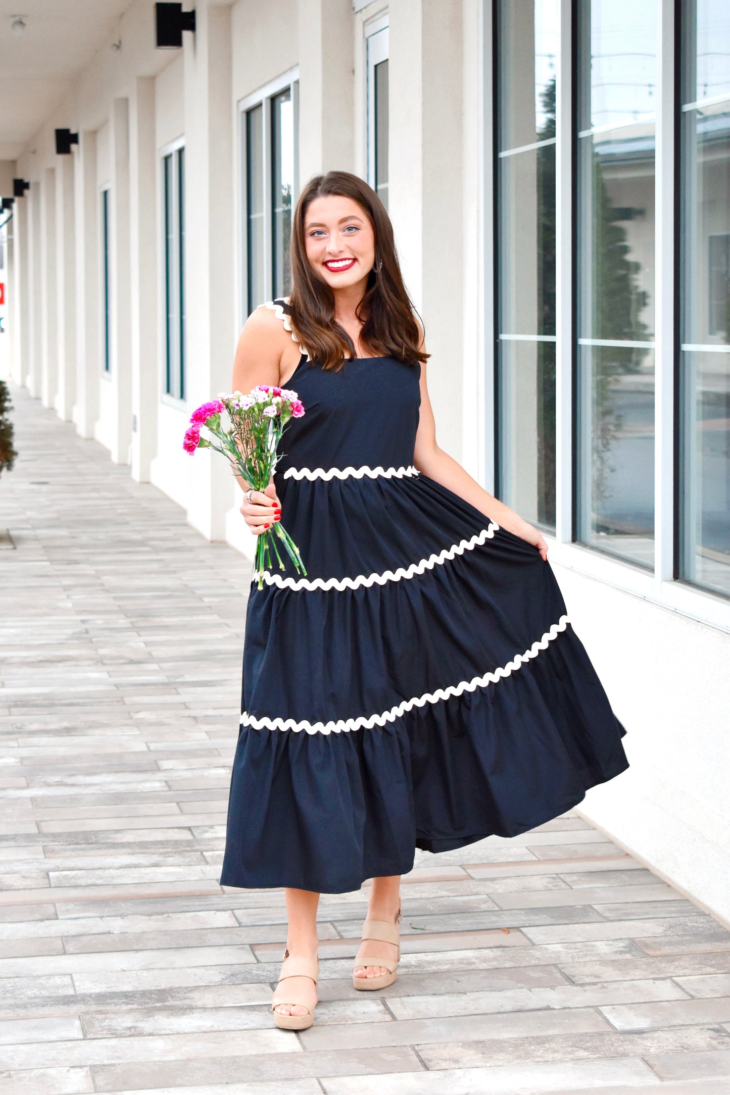 what a feeling midi dress Navy Striped Midi Dress - Tie-Back Dress - Dress with Pockets