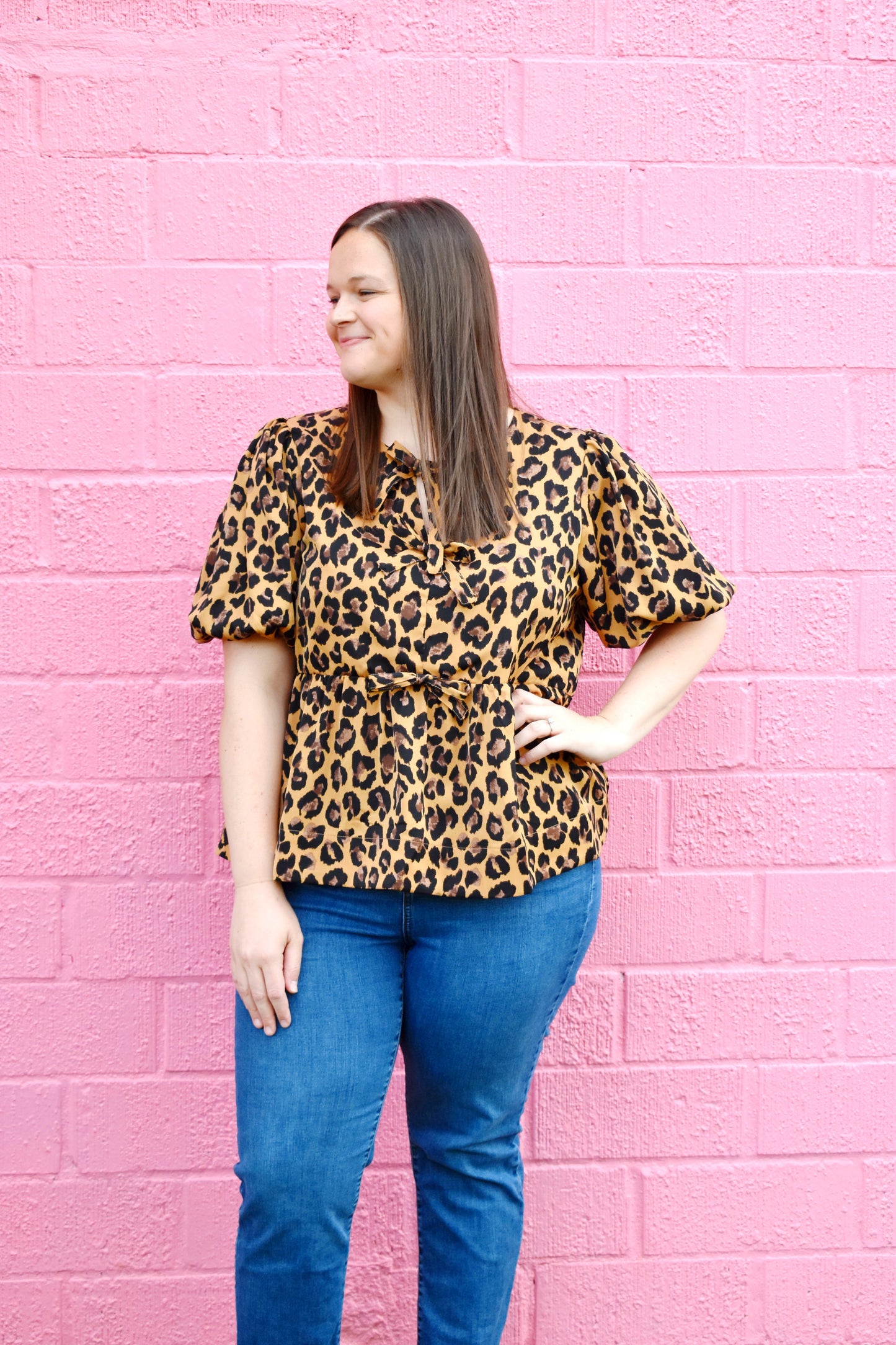 Plus Leopard Print Bow Front Blouse