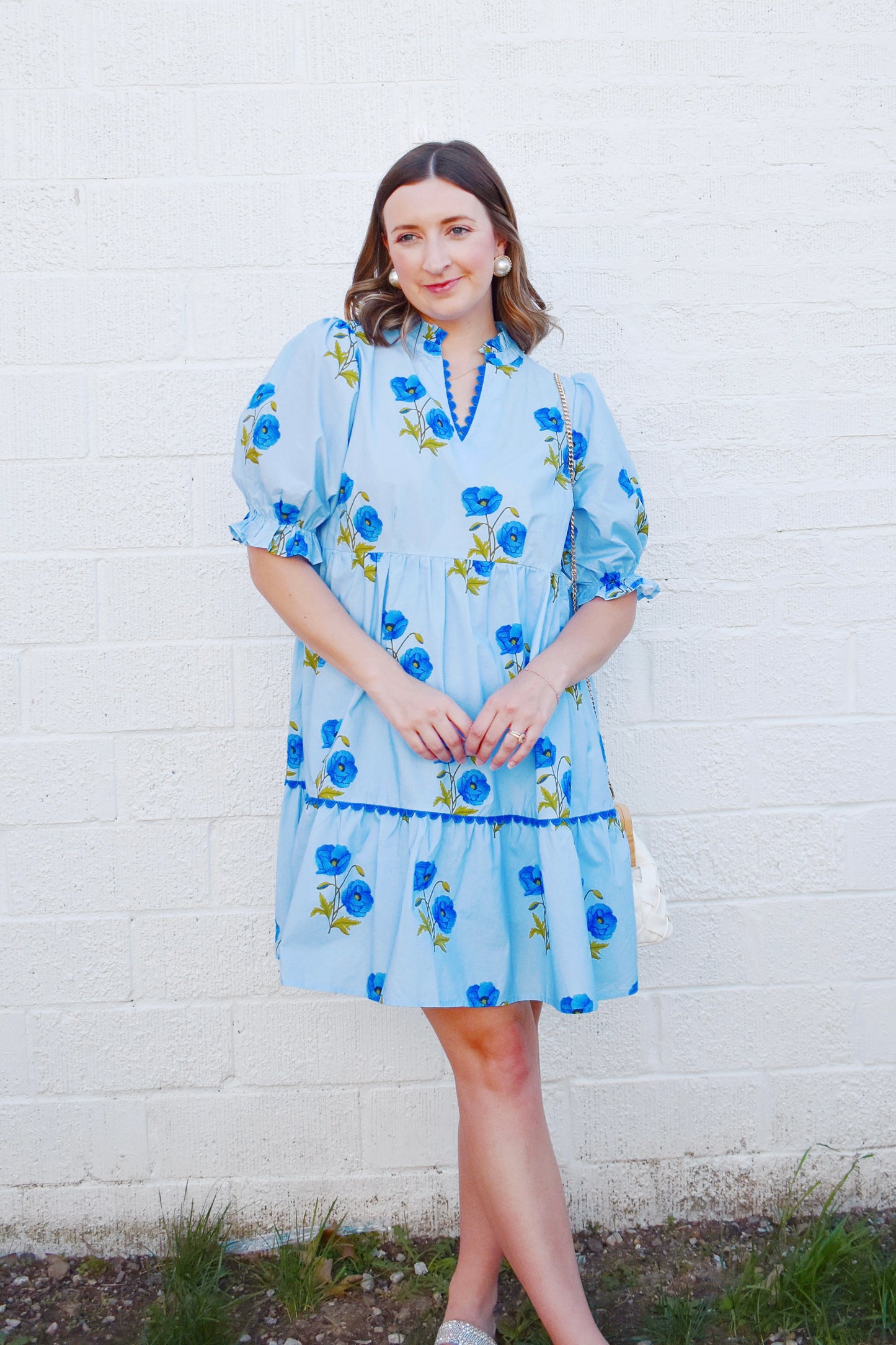 Summer Blues Floral Scallop Detail Trim Mini Dress
