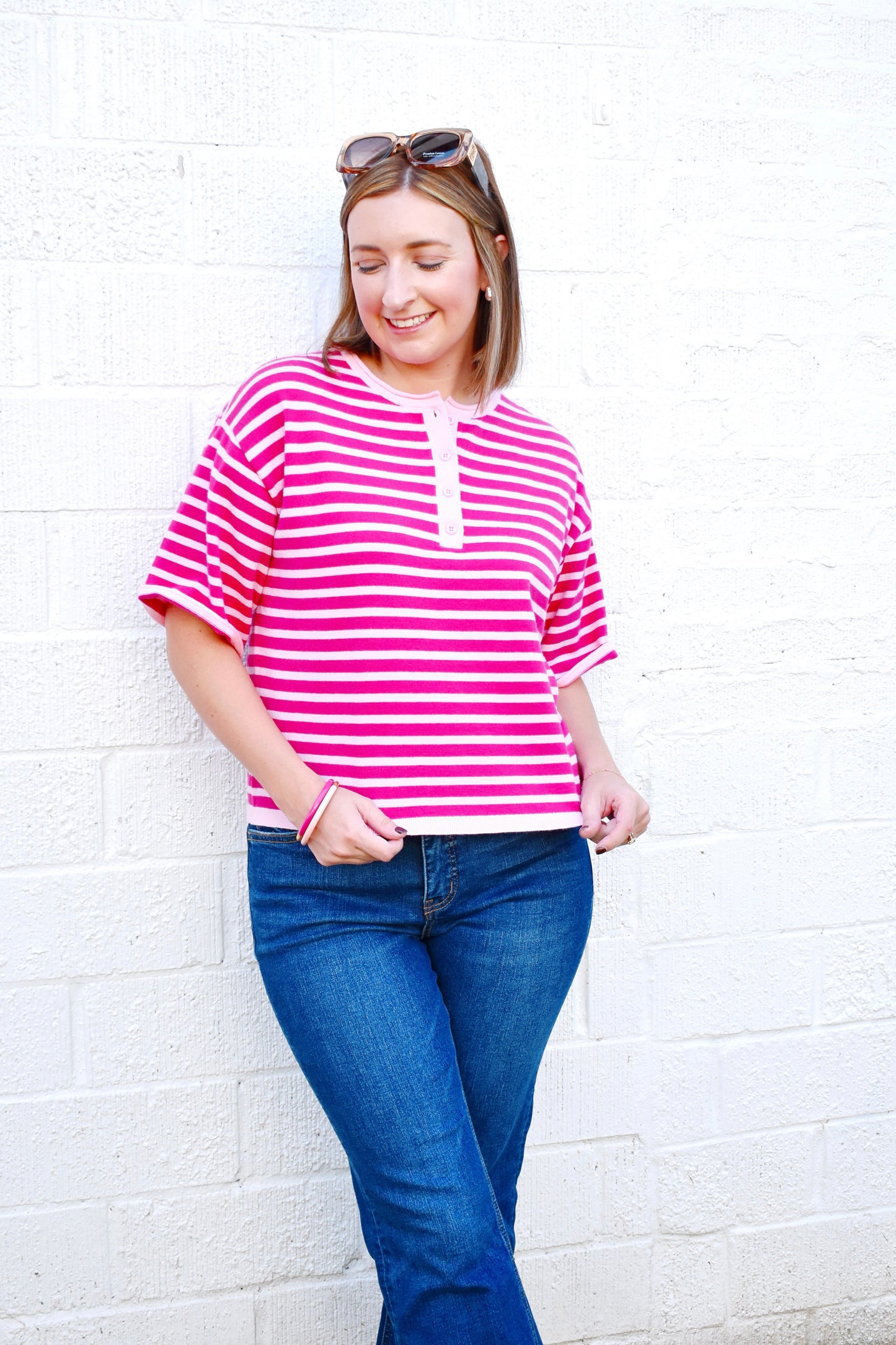 Pink Striped Lightweight Knit Button Top