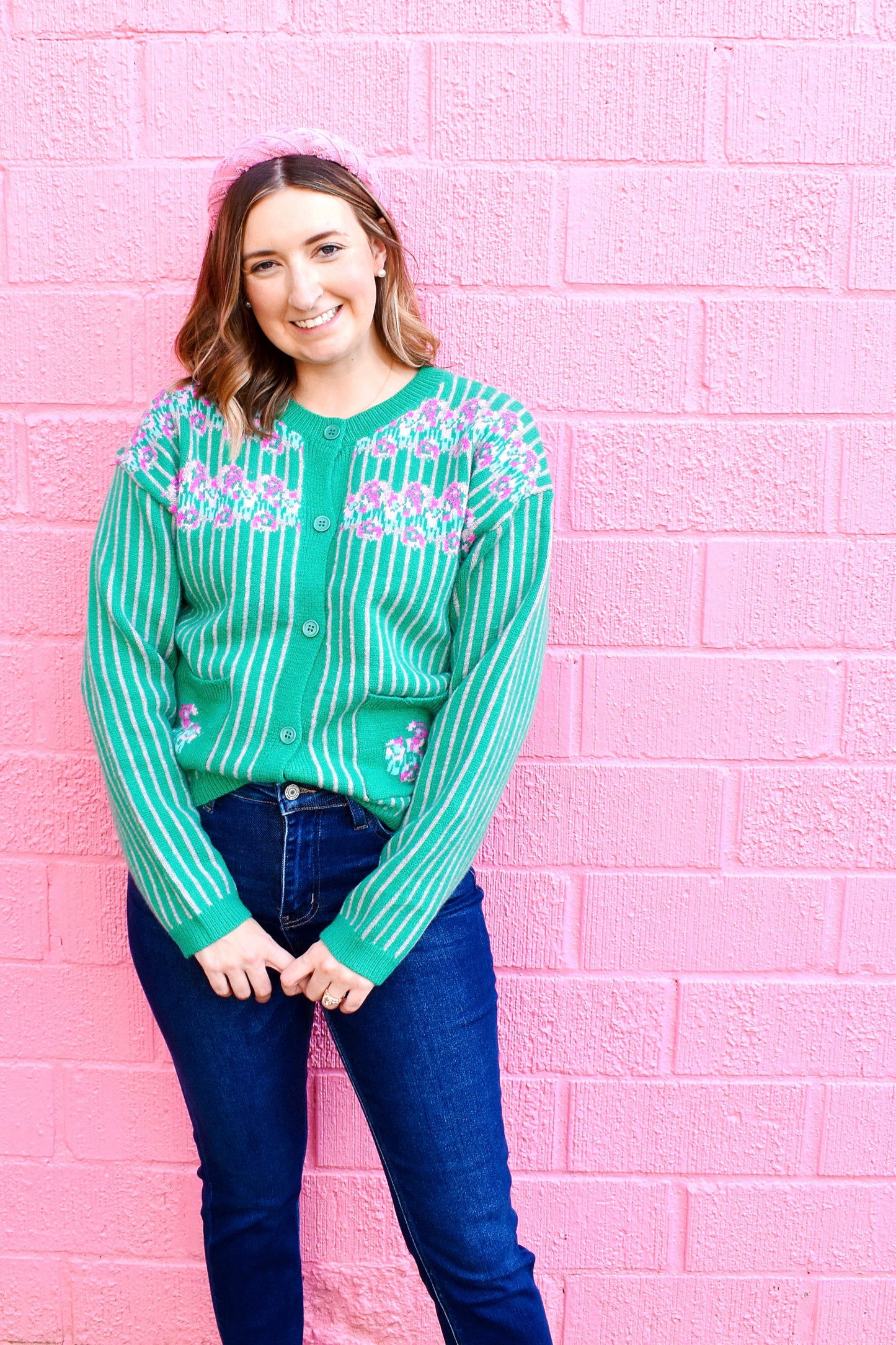 Green Striped Pink Floral Cardigan Sweater