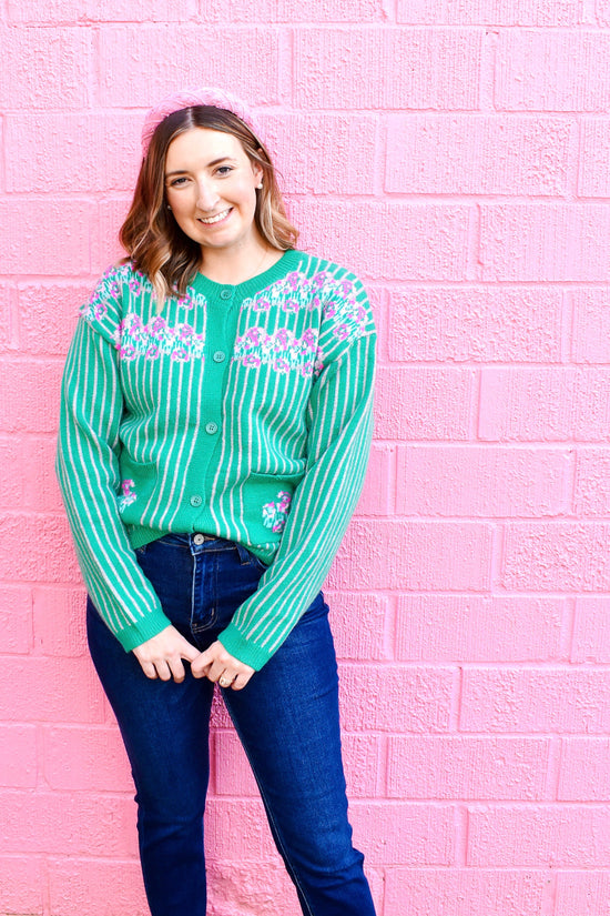 Green Striped Pink Floral Cardigan Sweater