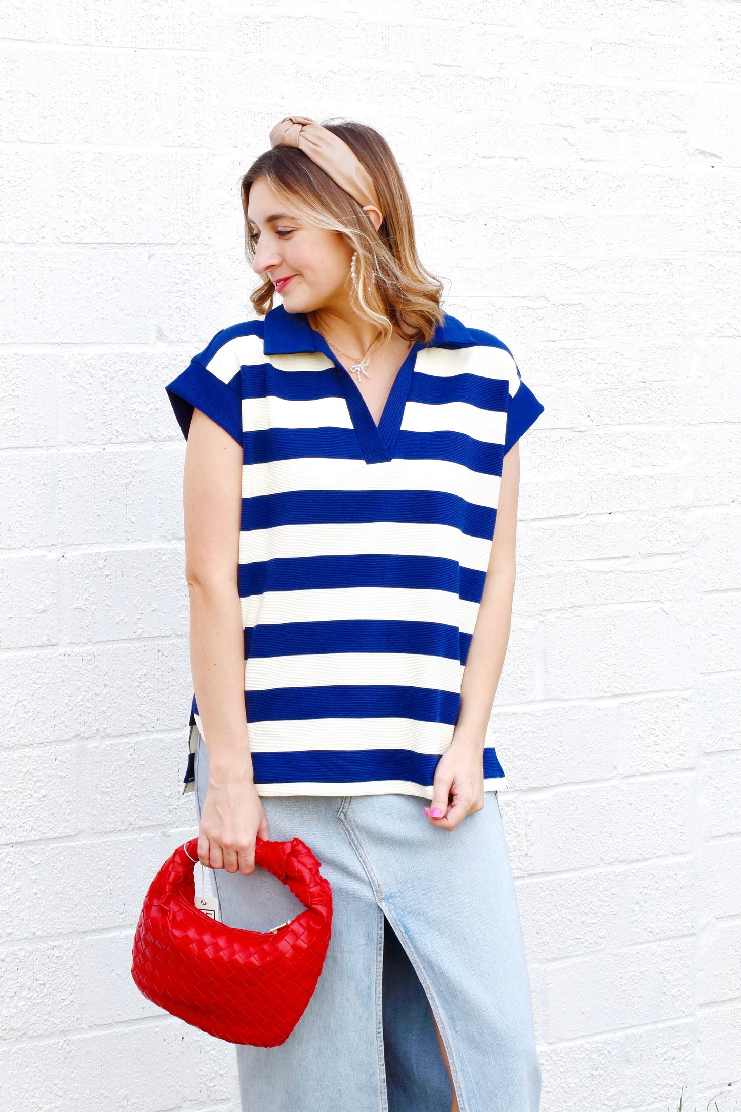 Navy Striped Textured Collared Top