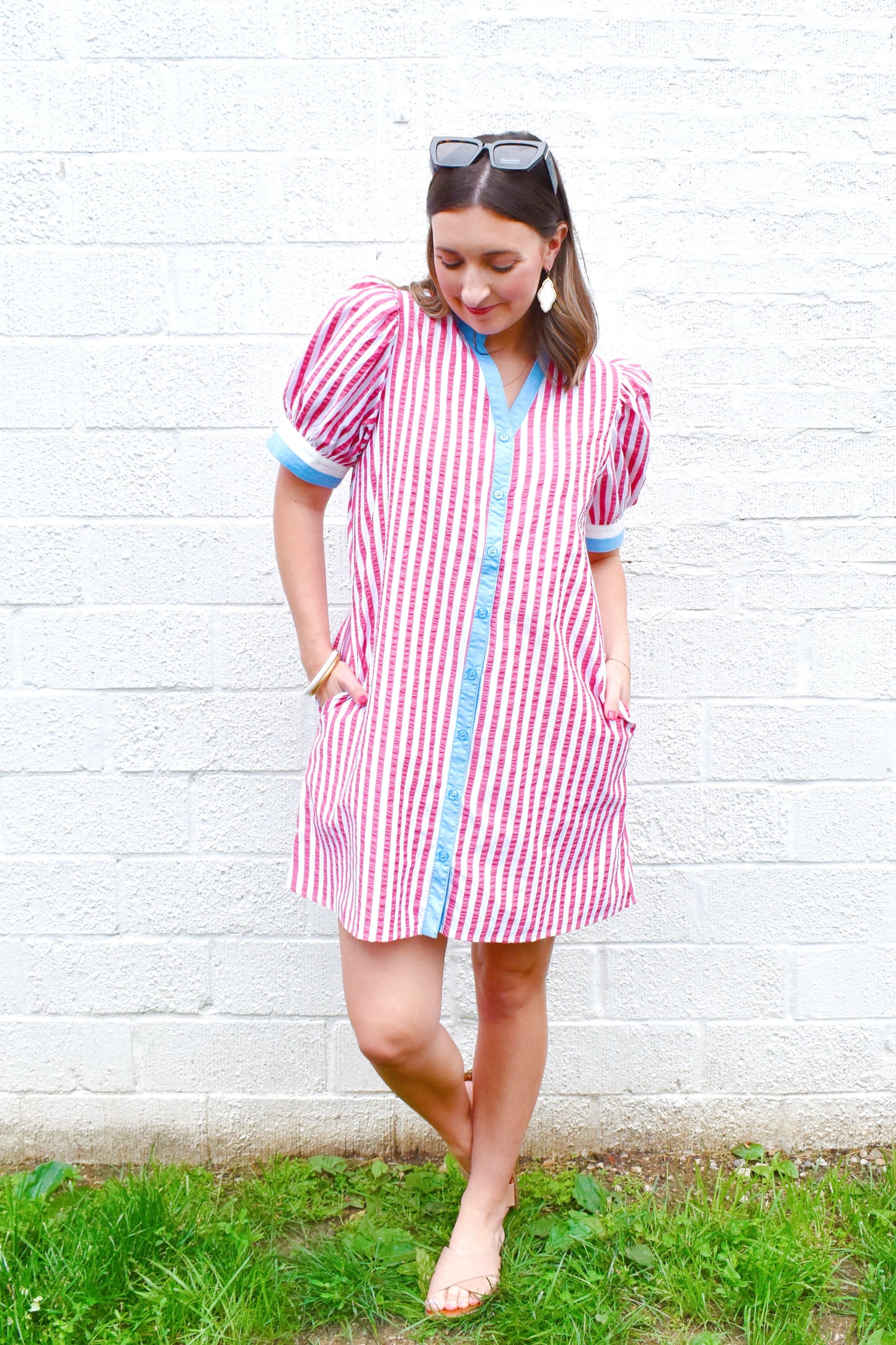 Red Striped Blue Contrast Button Down Dress
