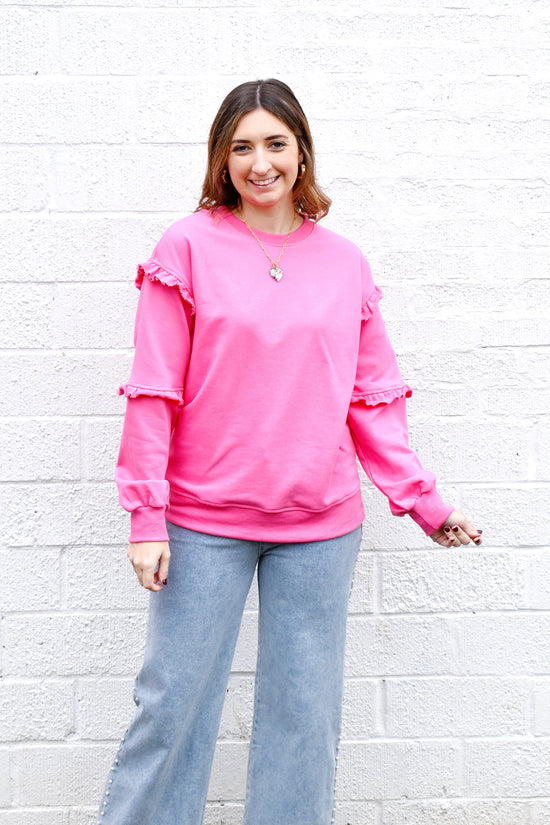 Hot Pink Ruffle Detail Crewneck Sweatshirt Top