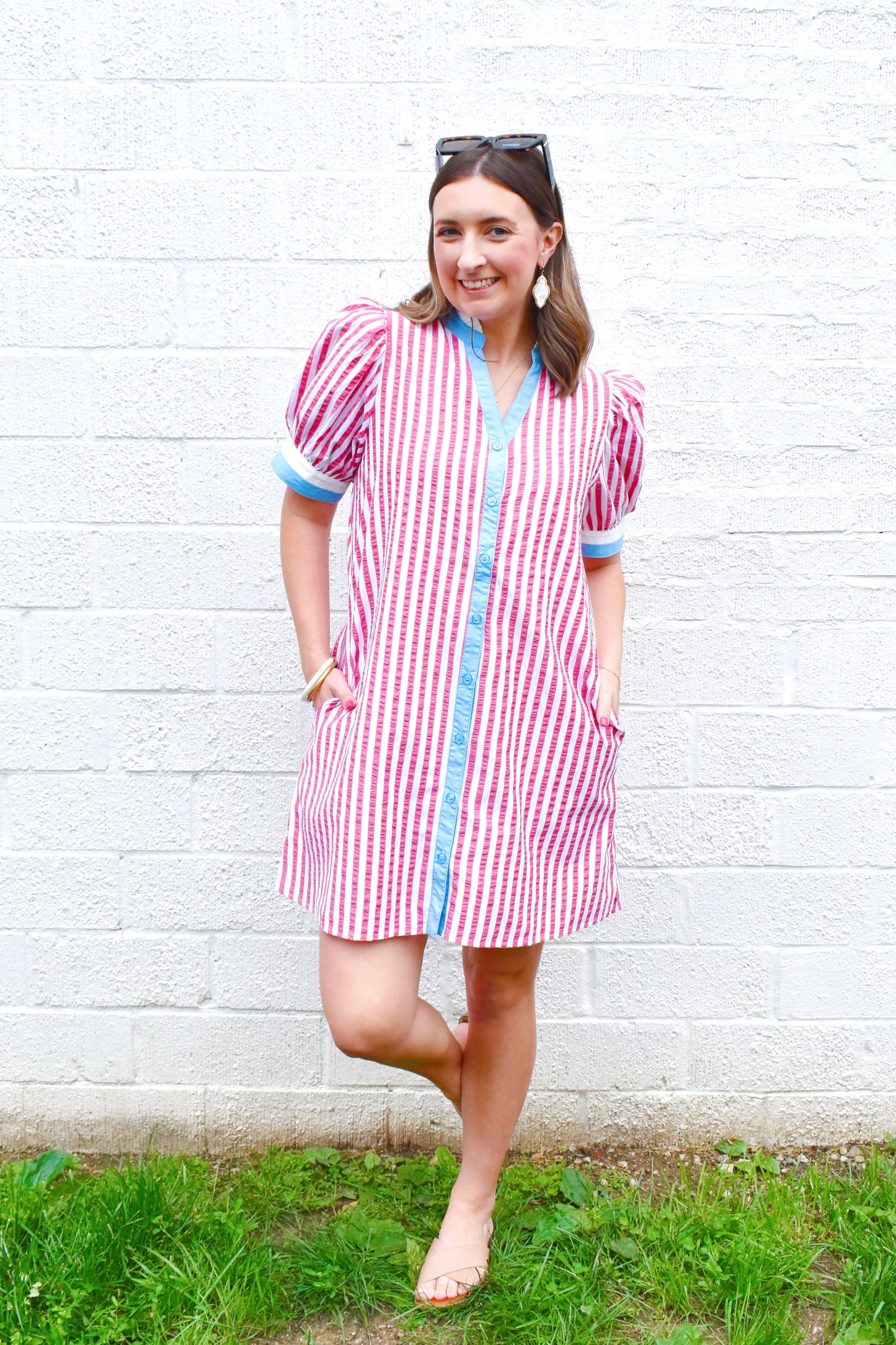 Red Striped Blue Contrast Button Down Dress