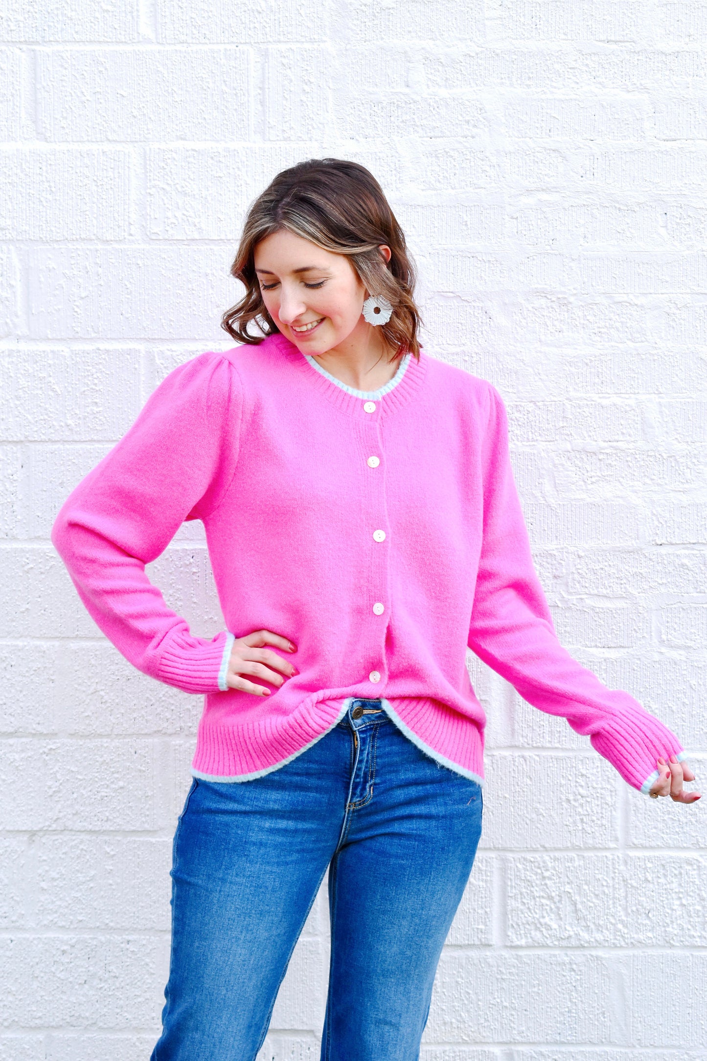 Pink Aqua Trim Button Down Sweater