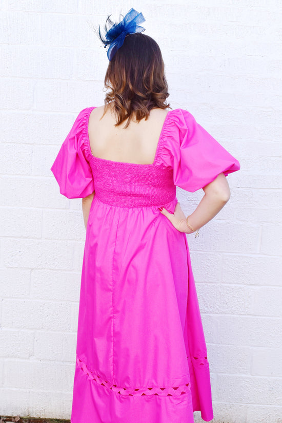 Hot Pink Puff Sleeve Scallop Trim Midi Dress