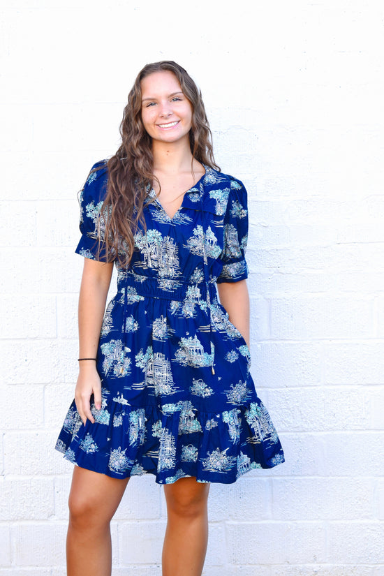 Navy Toile Printed Elastic Waist Dress