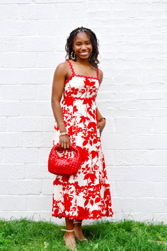 Red Floral Ric Rac Midi Dress