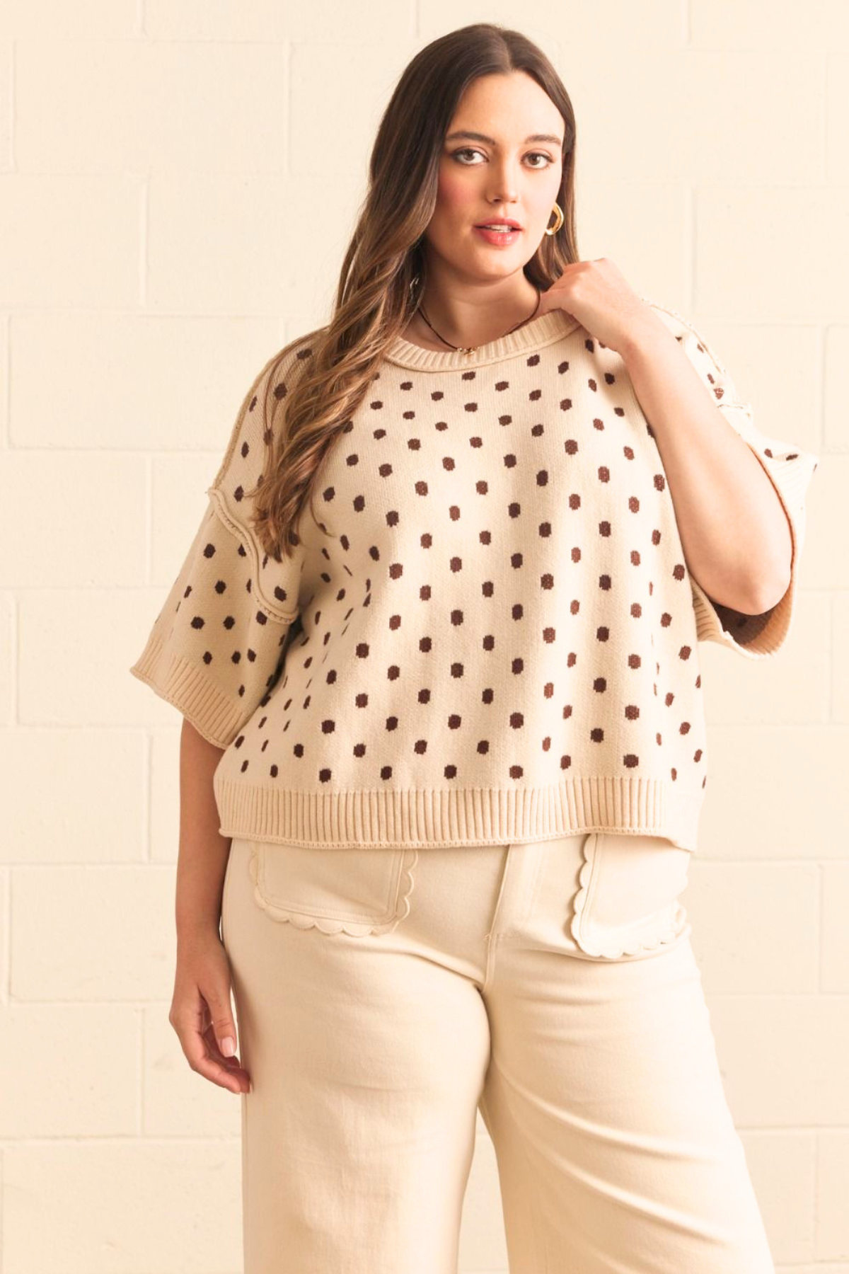 Plus Ecru Mocha Polka Dot Sweater Top