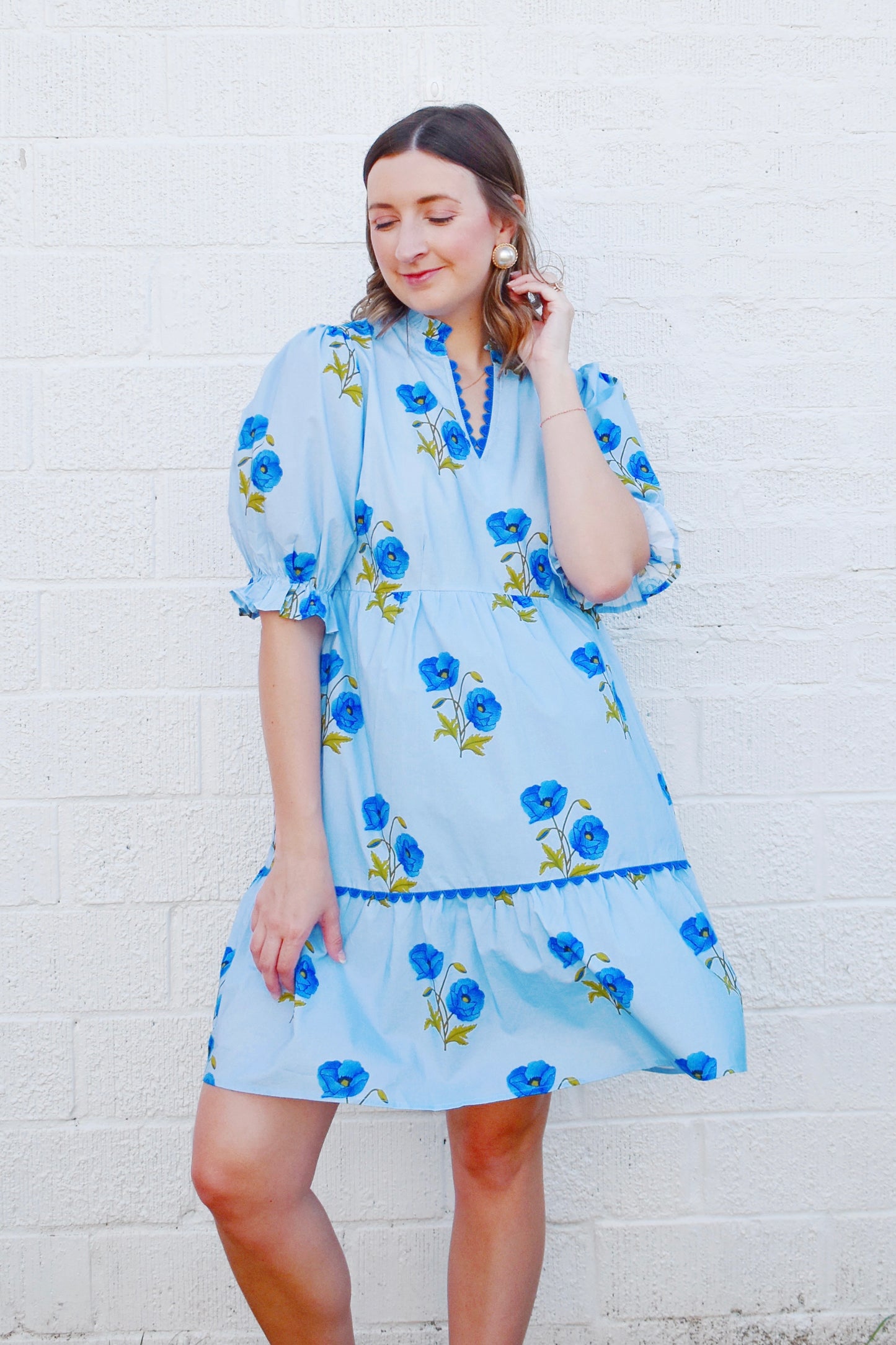 Summer Blues Floral Scallop Detail Trim Mini Dress