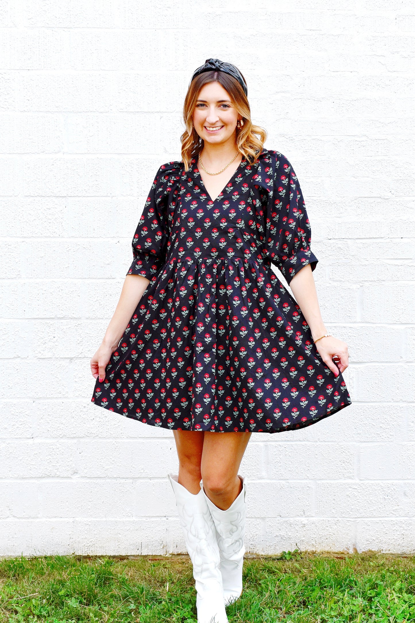 Black Red Floral Collared Dress