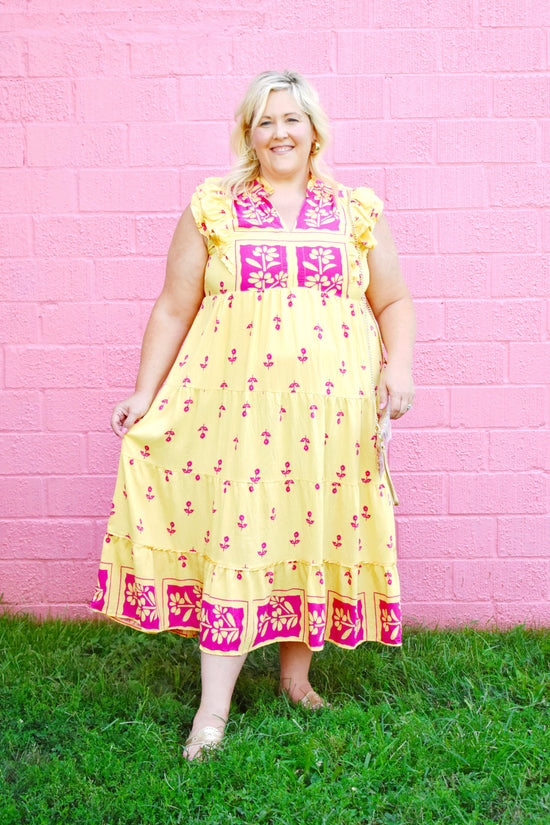 yellow dress pink flowers Madeline Puff Sleeve Floral Embroidered Maxi Shirt Thoughtfully crafted with invisible pockets Retro Garden Flowers 60s 70s