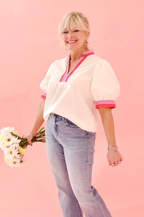 Cream Pink Contrast Trim Blouse