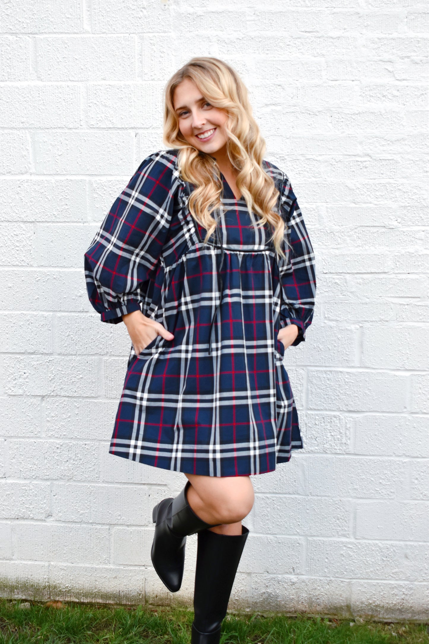 Navy Plaid Babydoll Dress